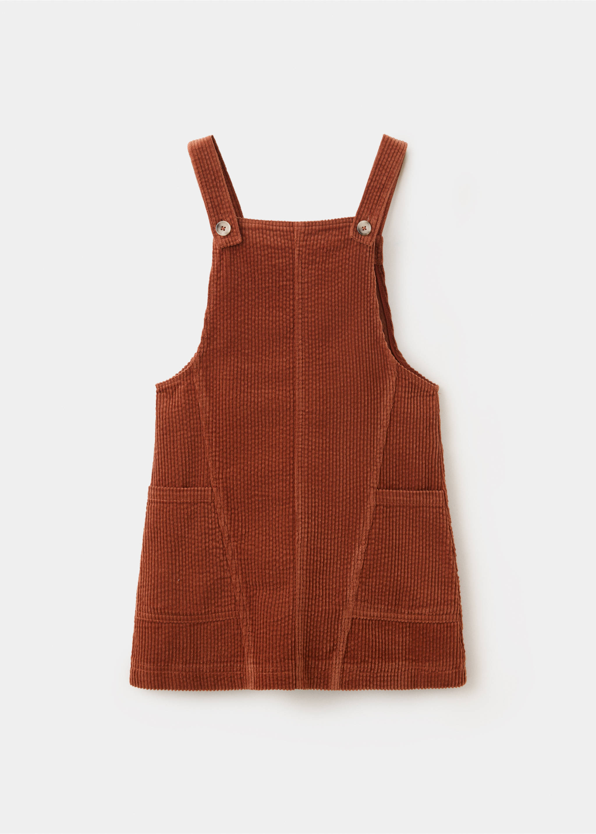 Brown corduroy pinafore dress with buttoned straps and patch pockets., Russet. Ref: 37088270-00.