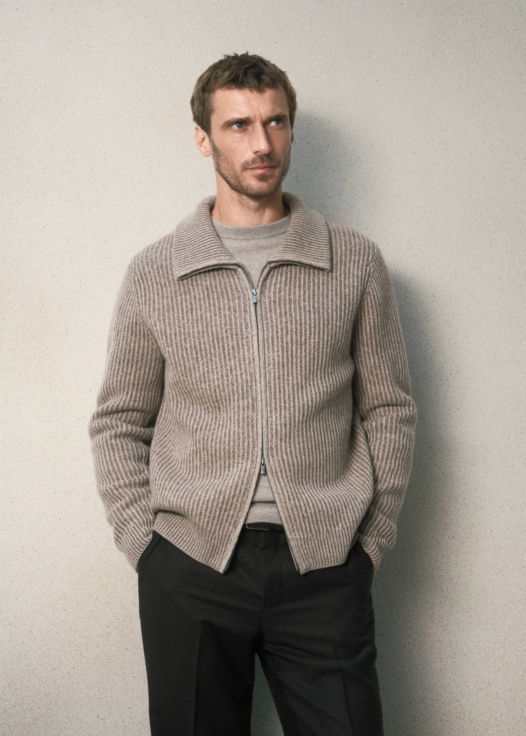 Wollen geribbelde cardigan met ritsen - Middenvlak
