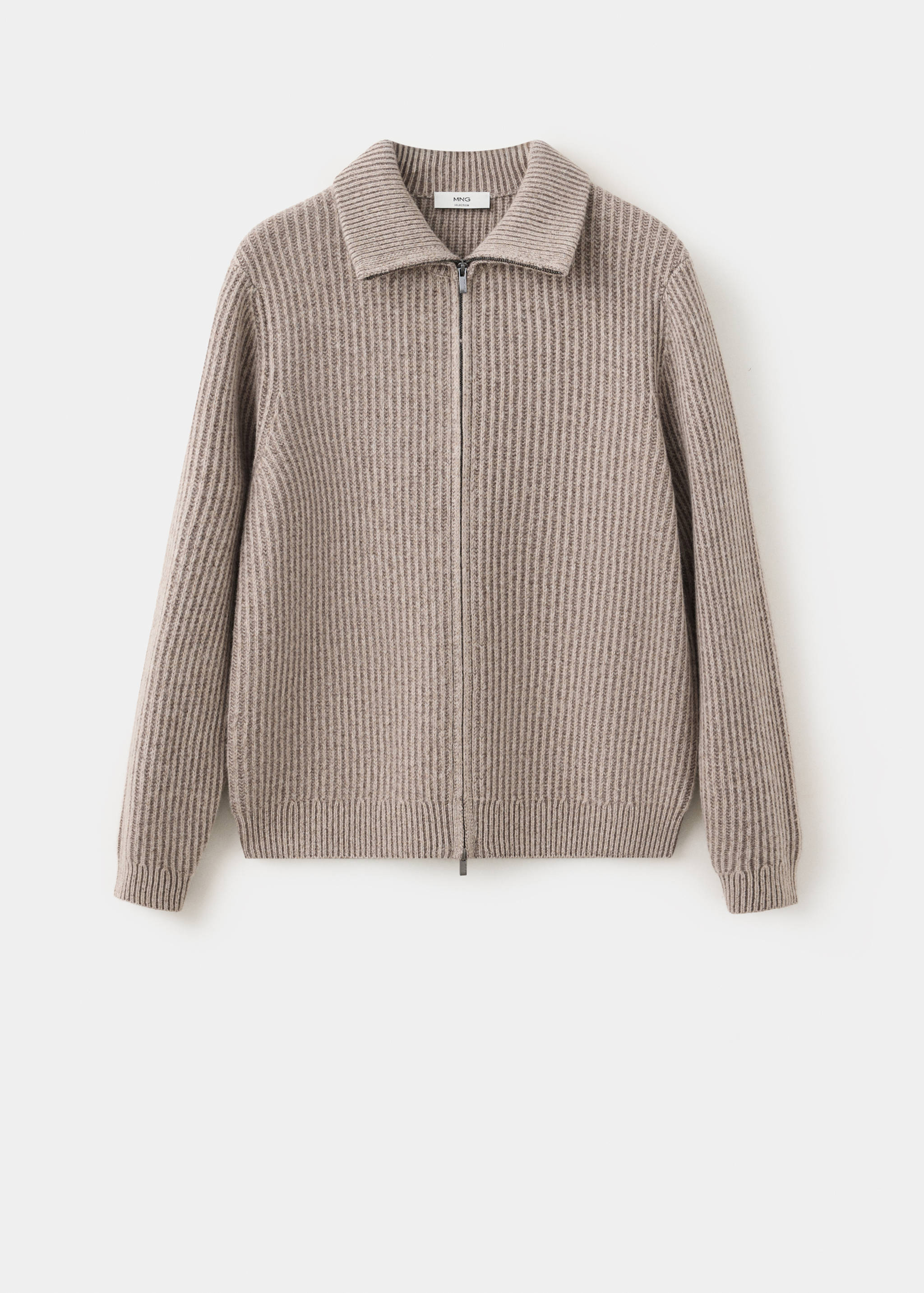 Taupe ribbed knit zip-up cardigan for men with a collar.