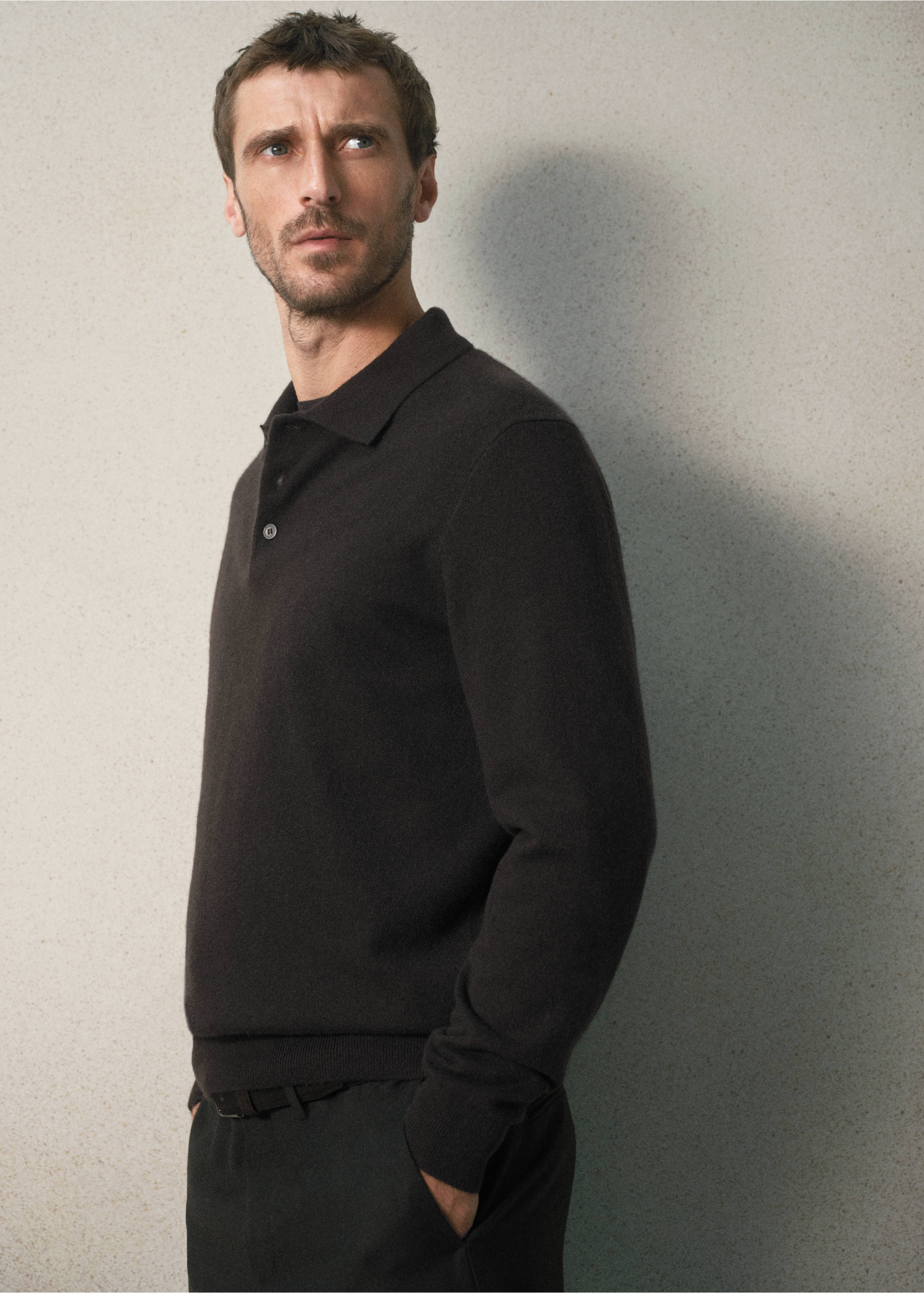 Dark brown long-sleeved polo shirt with a classic collar and button placket., Chocolate. Ref: 37088274-00.