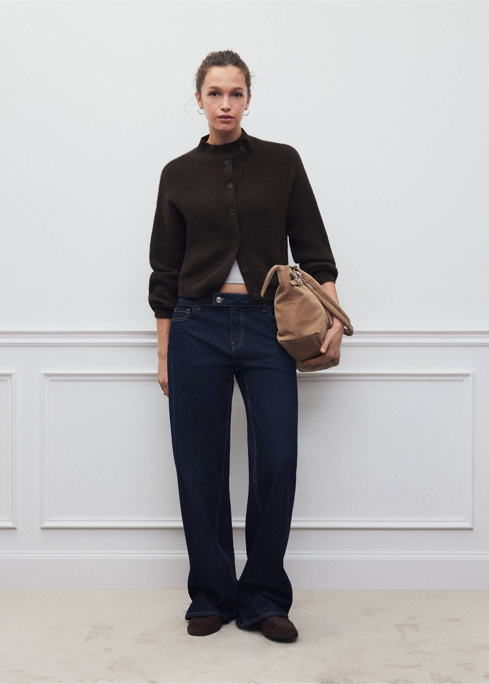 Dark brown knitted cardigan with a high collar, worn with dark trousers., Brown. Ref: 37088285-00.