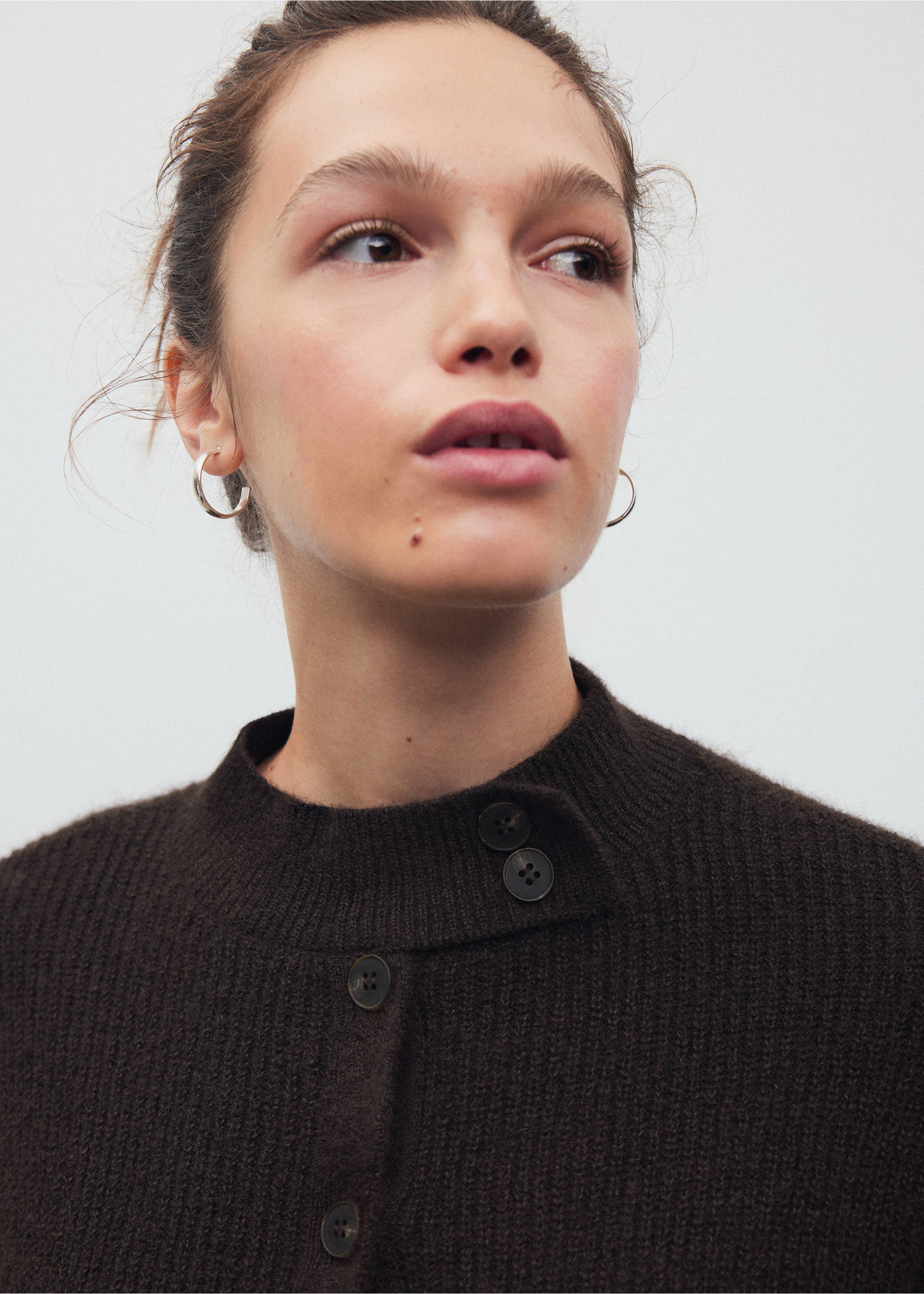 Dark brown knitted cardigan with a ribbed texture and an asymmetric button placket., Brown. Ref: 37088285-00.