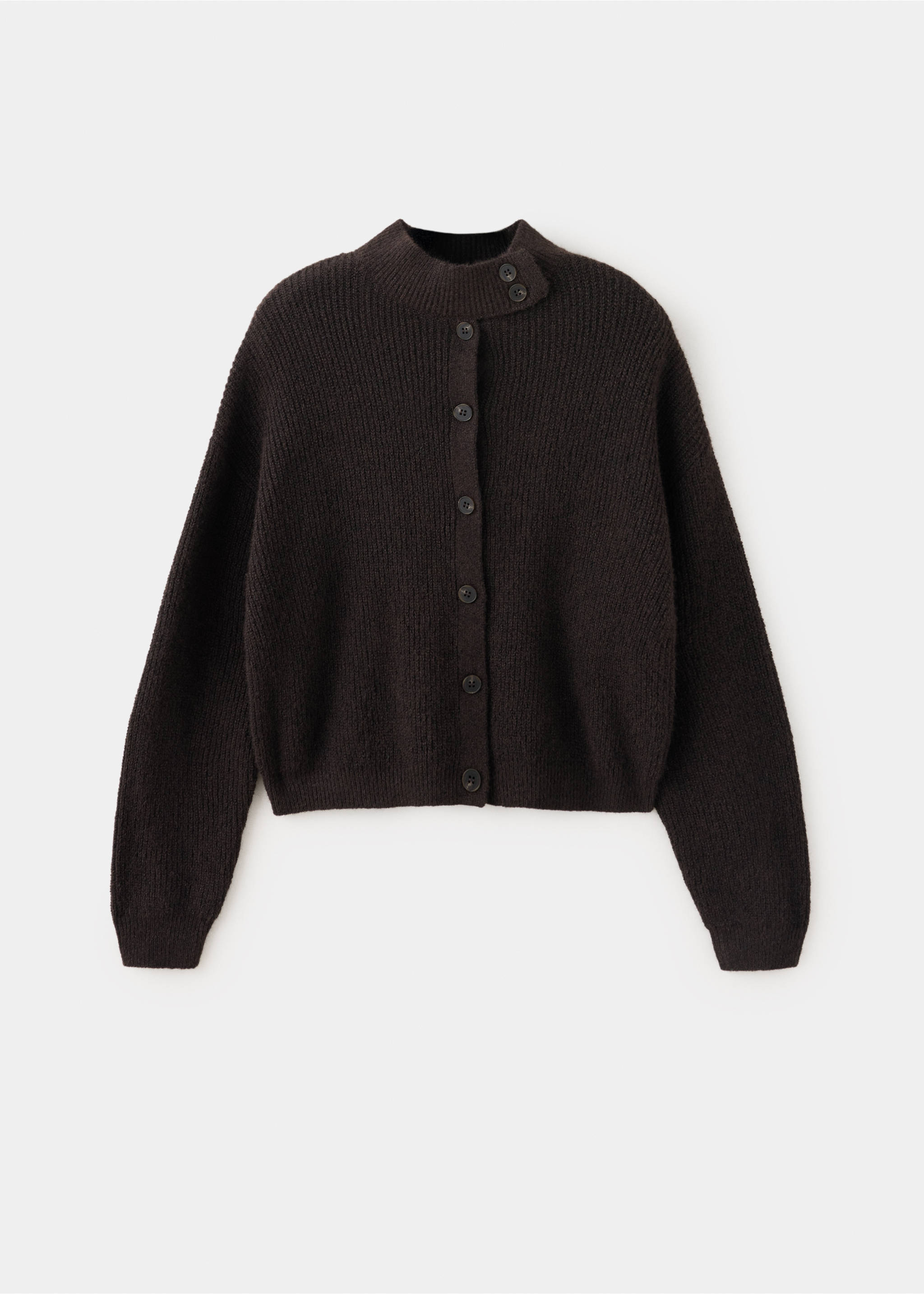 Dark brown ribbed knit cardigan with a high collar and button front., Brown. Ref: 37088285-00.