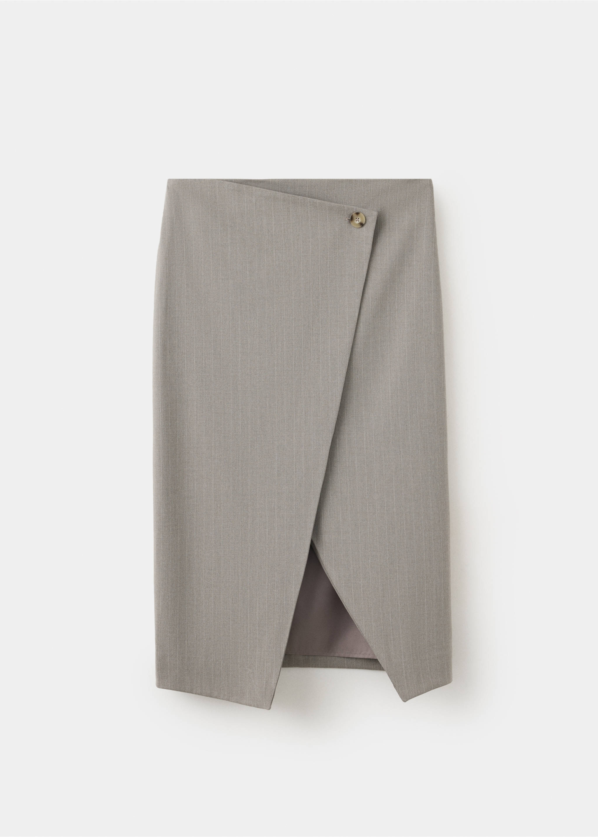 Grey pinstripe skirt with an asymmetrical wrap front and button fastening., Medium Brown. Ref: 37088639-00.