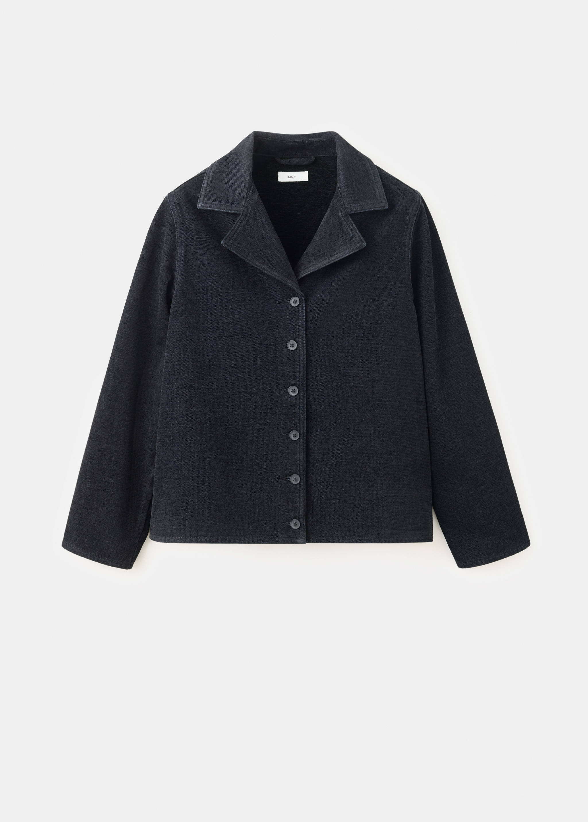 Dark grey jacket with lapel collar and front button fastening.