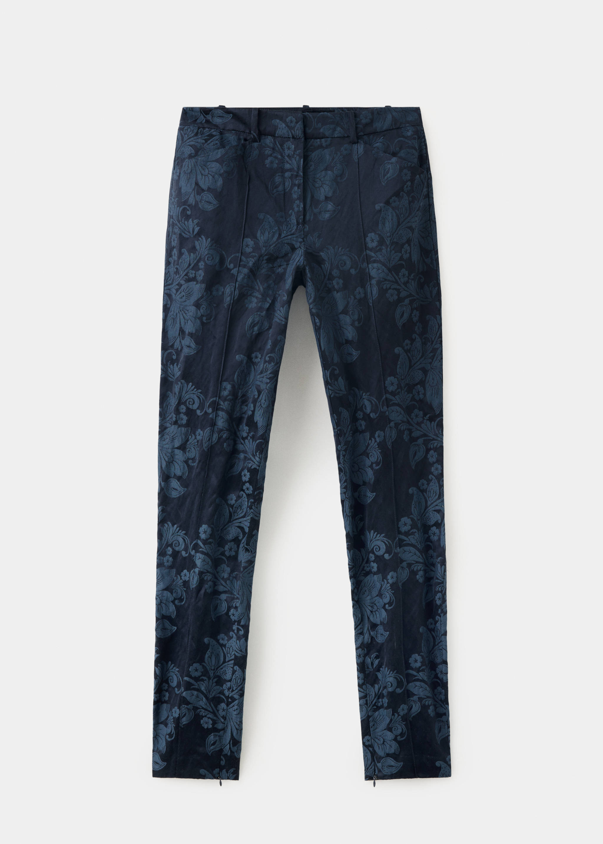 Dark blue floral jacquard slim-fit trousers with zipped hems.