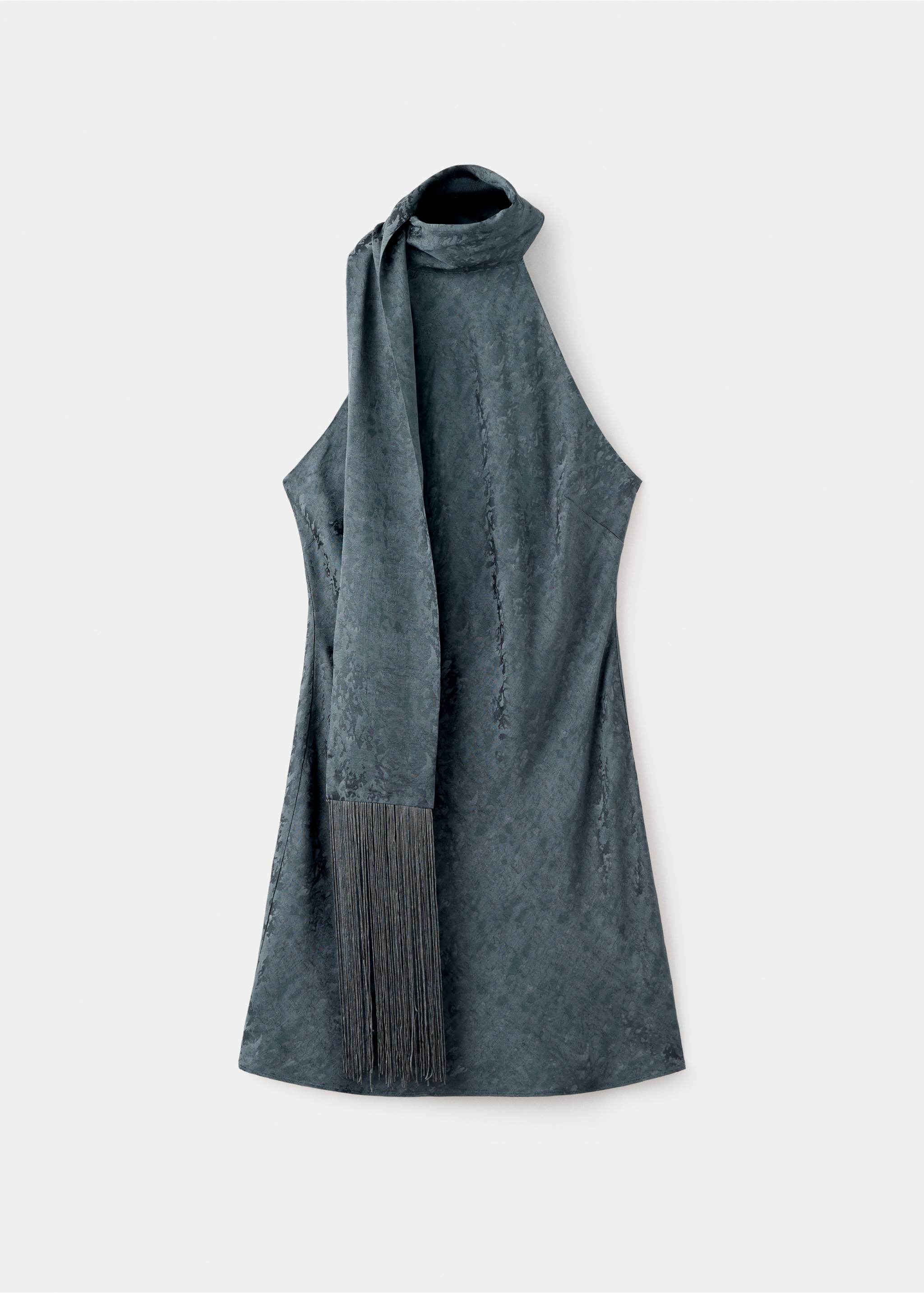 Dark grey halter minidress with textured jacquard pattern and long scarf tie with fringe., Grey. Ref: 37089116-00.