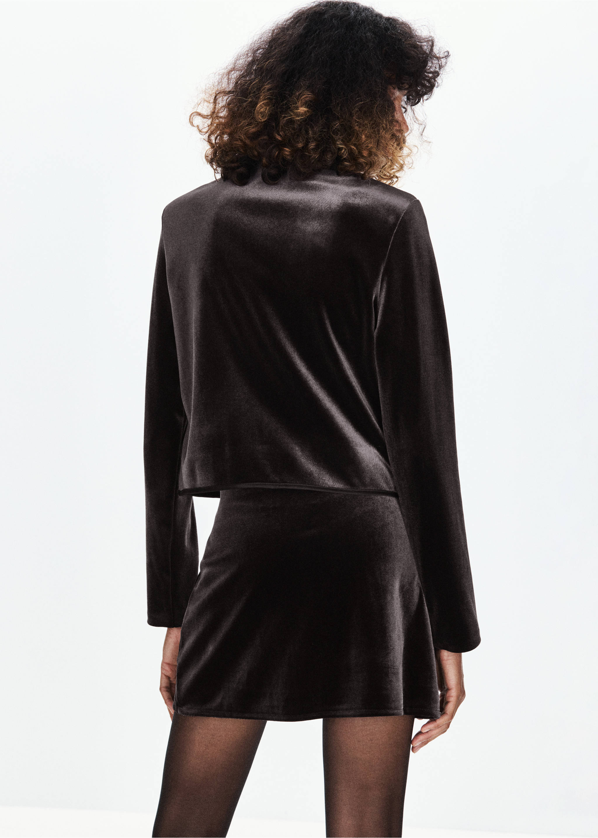 Back view of a dark brown velvet jacket with matching skirt., Chocolate. Ref: 37089117-00.