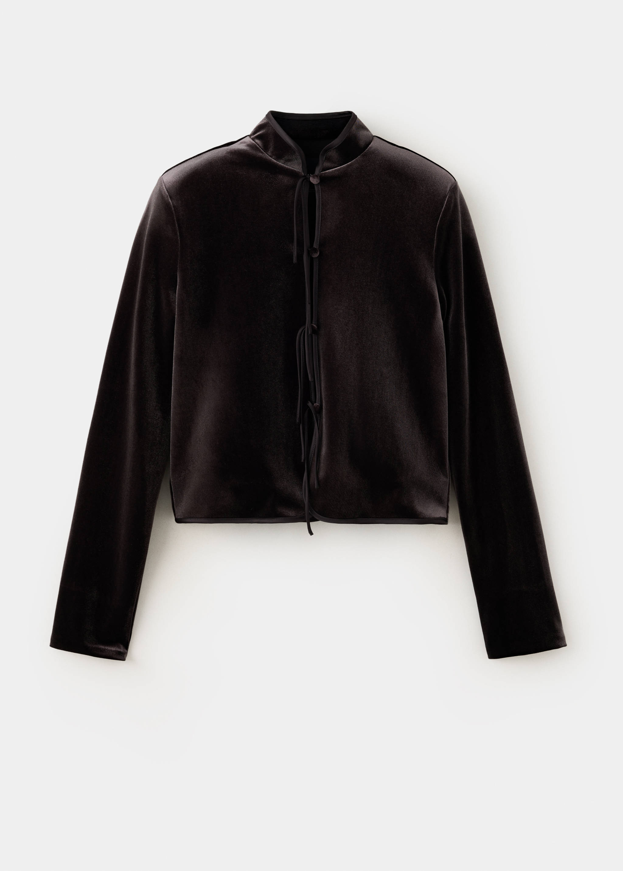 Dark brown velvet jacket with a high collar and front ties.