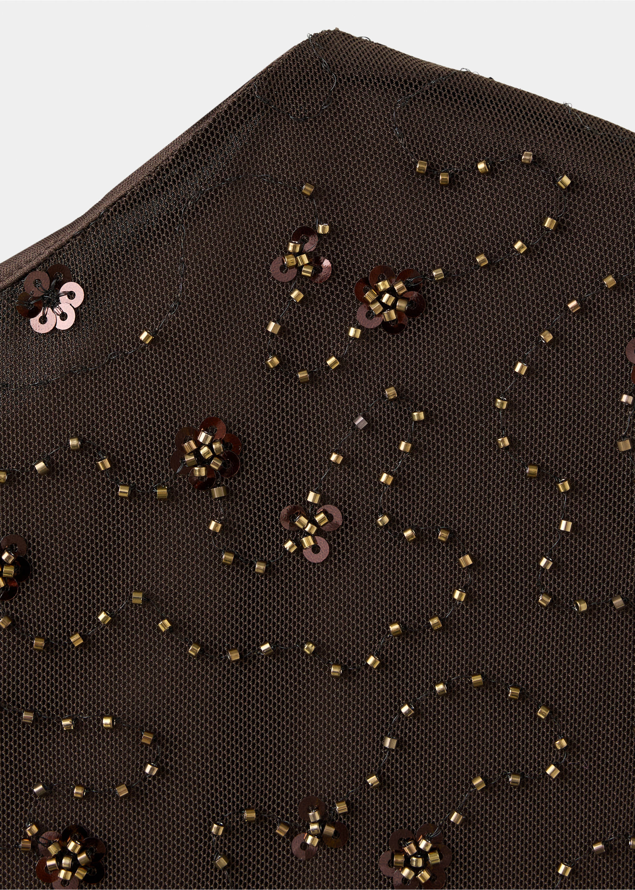 Detail of a dark brown mesh blouse with beaded floral embroidery., Brown. Ref: 37089124-00.
