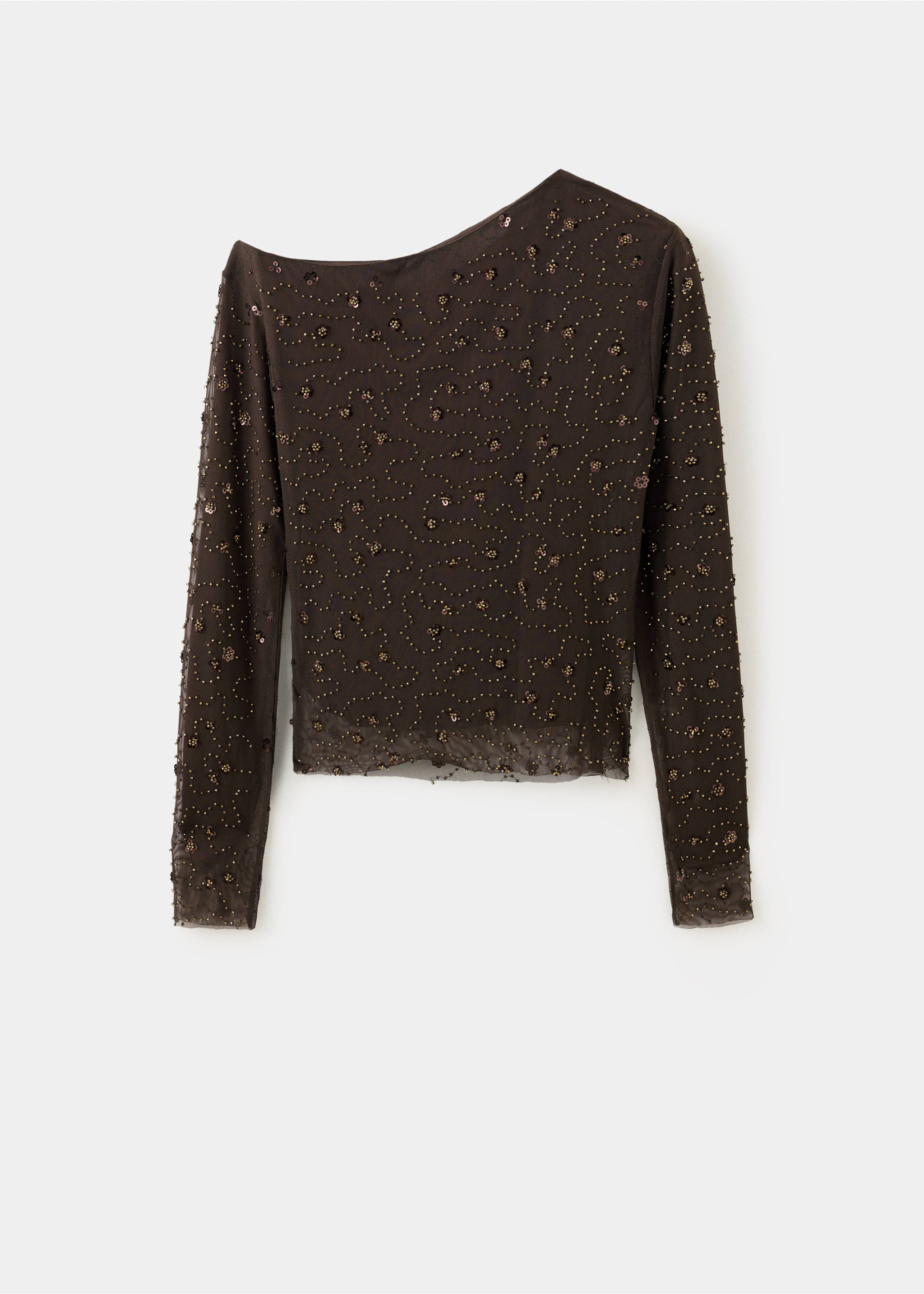 Dark brown one-shoulder blouse with long sleeves and beaded mesh fabric., Brown. Ref: 37089124-00.