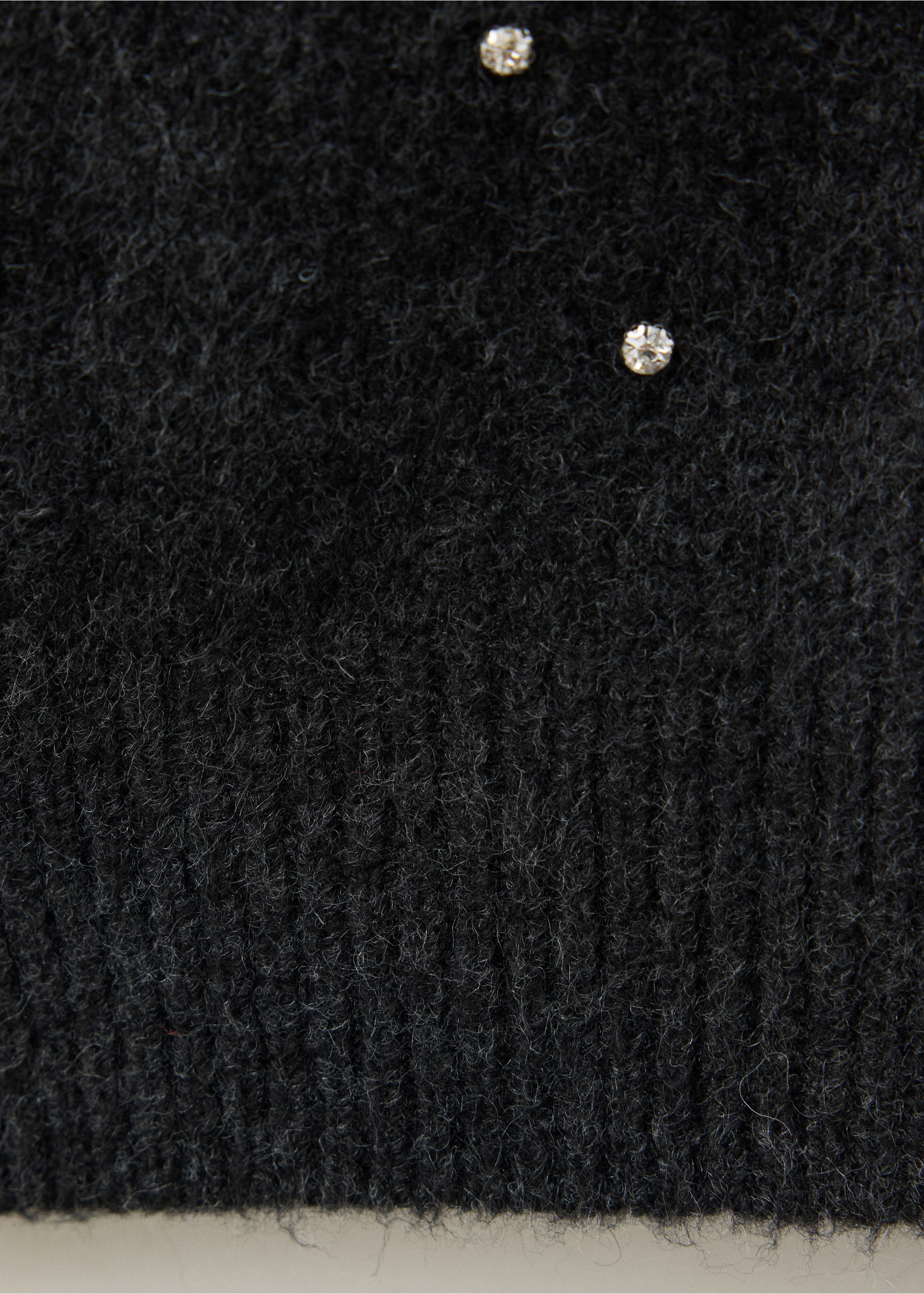 Black fuzzy cardigan detail with rhinestones and ribbed hem., Charcoal. Ref: 37089125-00.