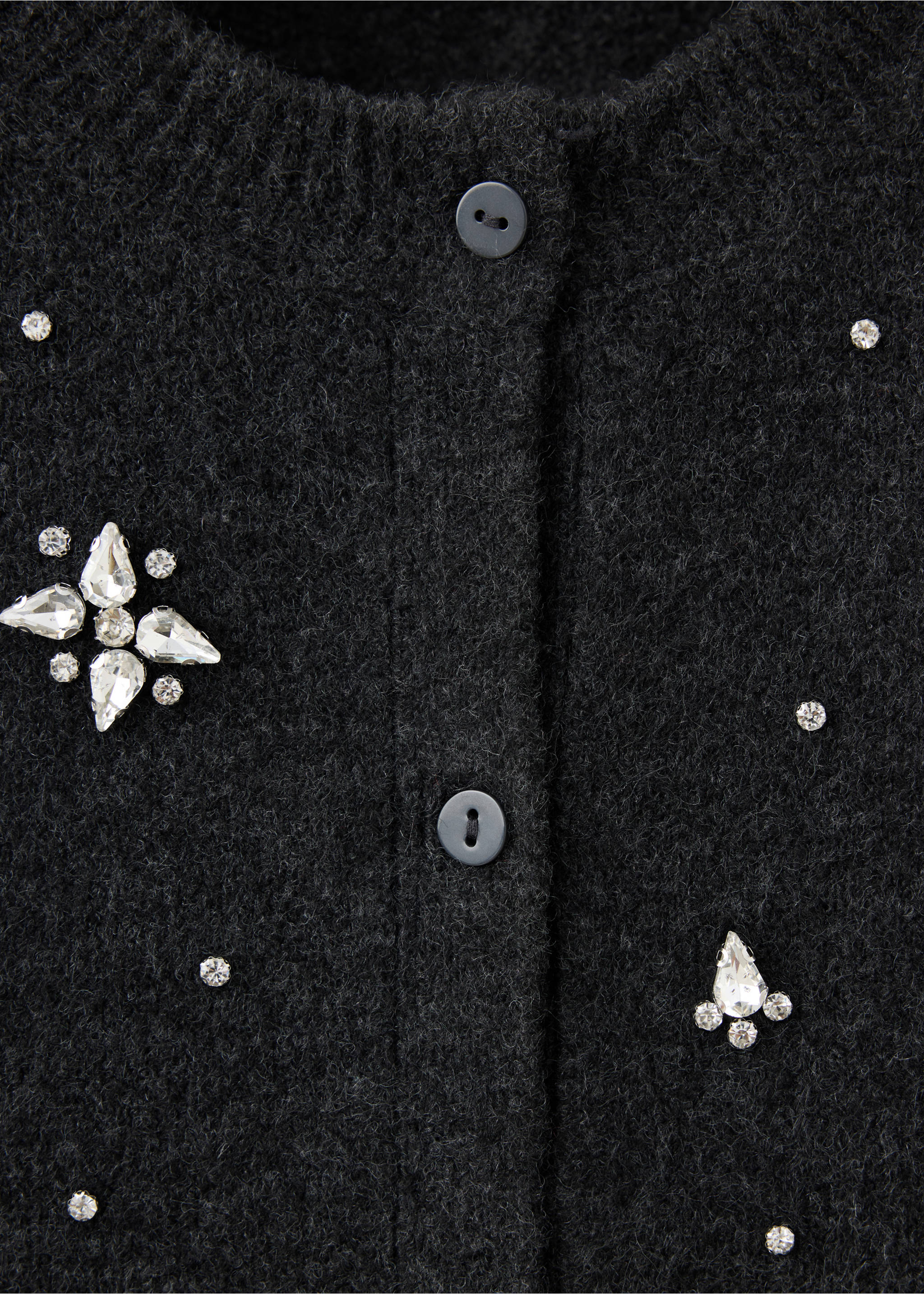 Close-up of a dark grey knit cardigan with rhinestone crystal embellishments., Charcoal. Ref: 37089125-00.