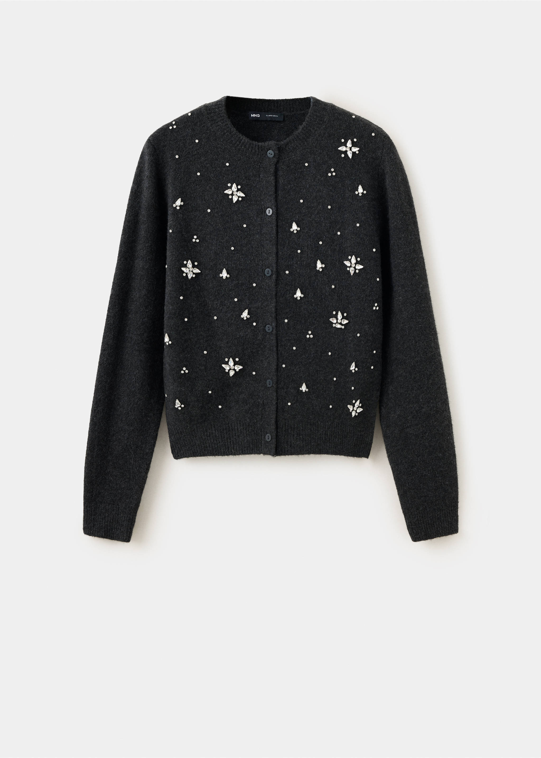 Dark grey cardigan with round neckline and rhinestone and bead embellishments., Charcoal. Ref: 37089125-00.