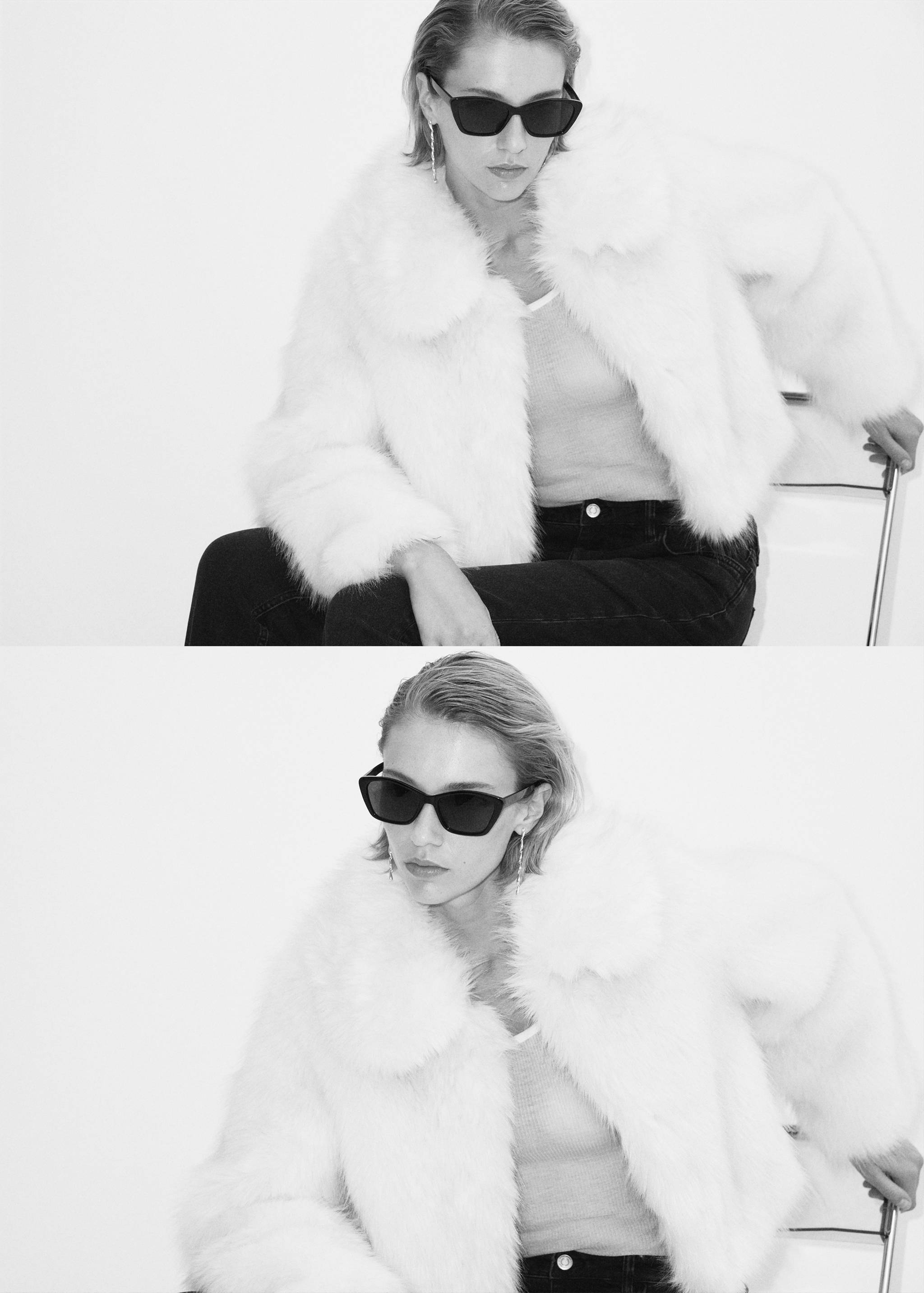 Stacked monochrome view of a model in a white faux-fur jacket and dark sunglasses.