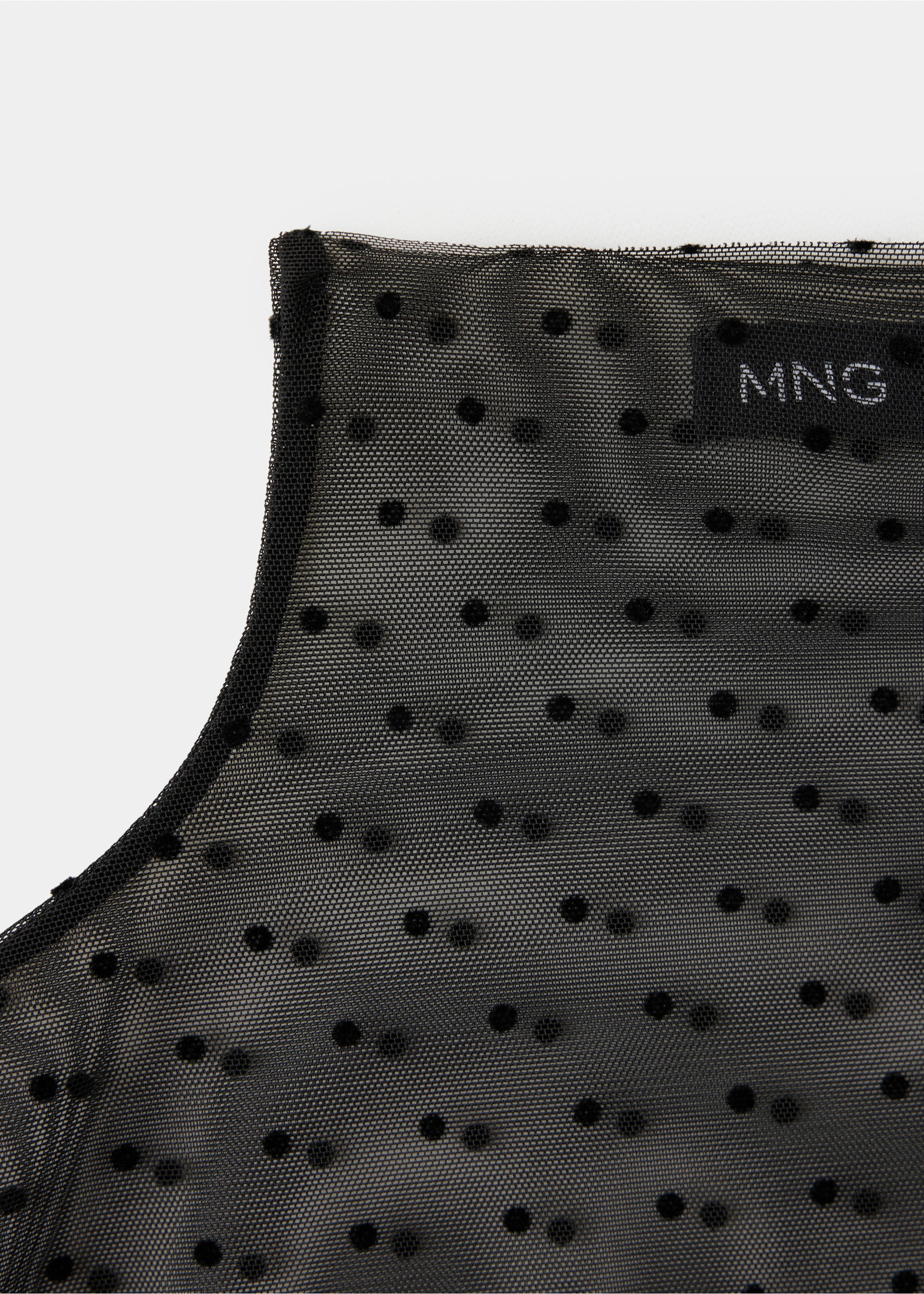 Black sheer mesh blouse detail with flocked polka dots., Black. Ref: 37089128-00.