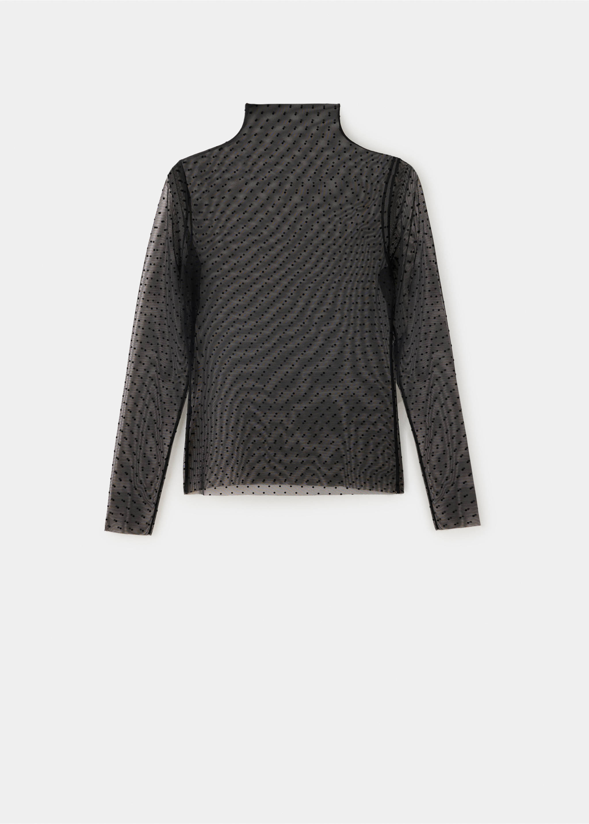 Black sheer mesh blouse with long sleeves, a high neckline and flocked dots., Black. Ref: 37089128-00.