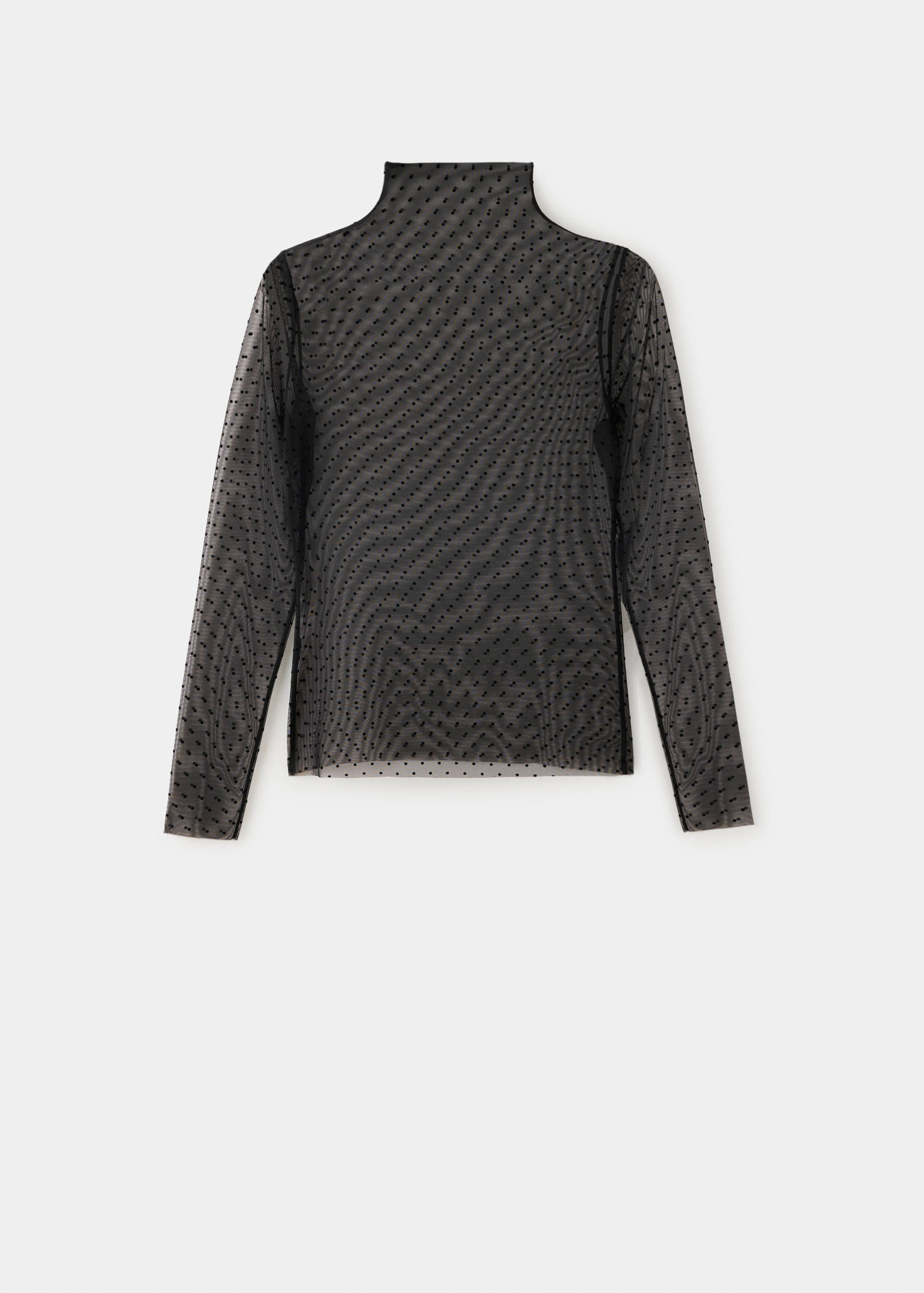 Black sheer mesh blouse with long sleeves, a high neckline and flocked dots.