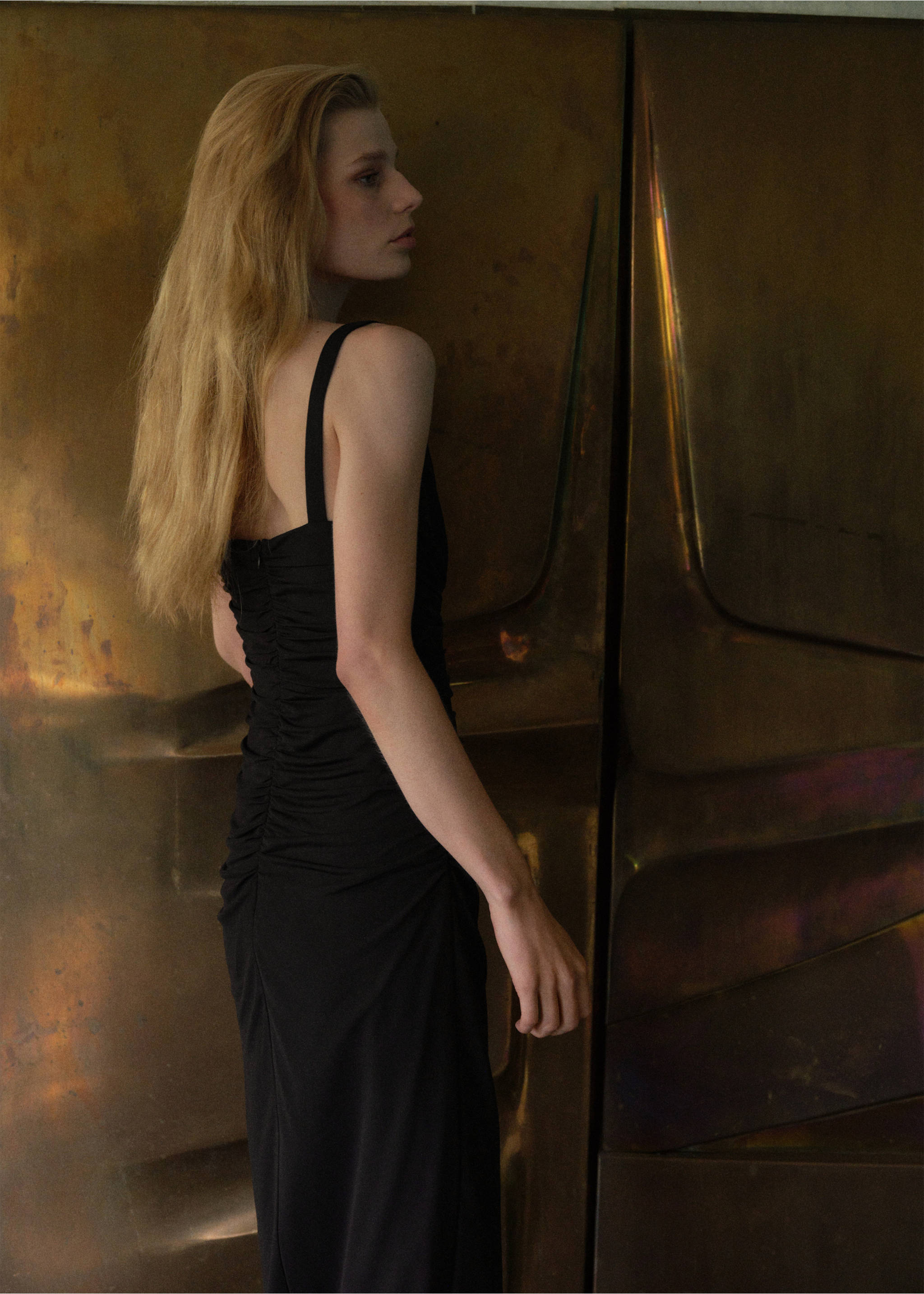 Black dress with wide straps and ruched back, reverse view., Black. Ref: 37089130-00.