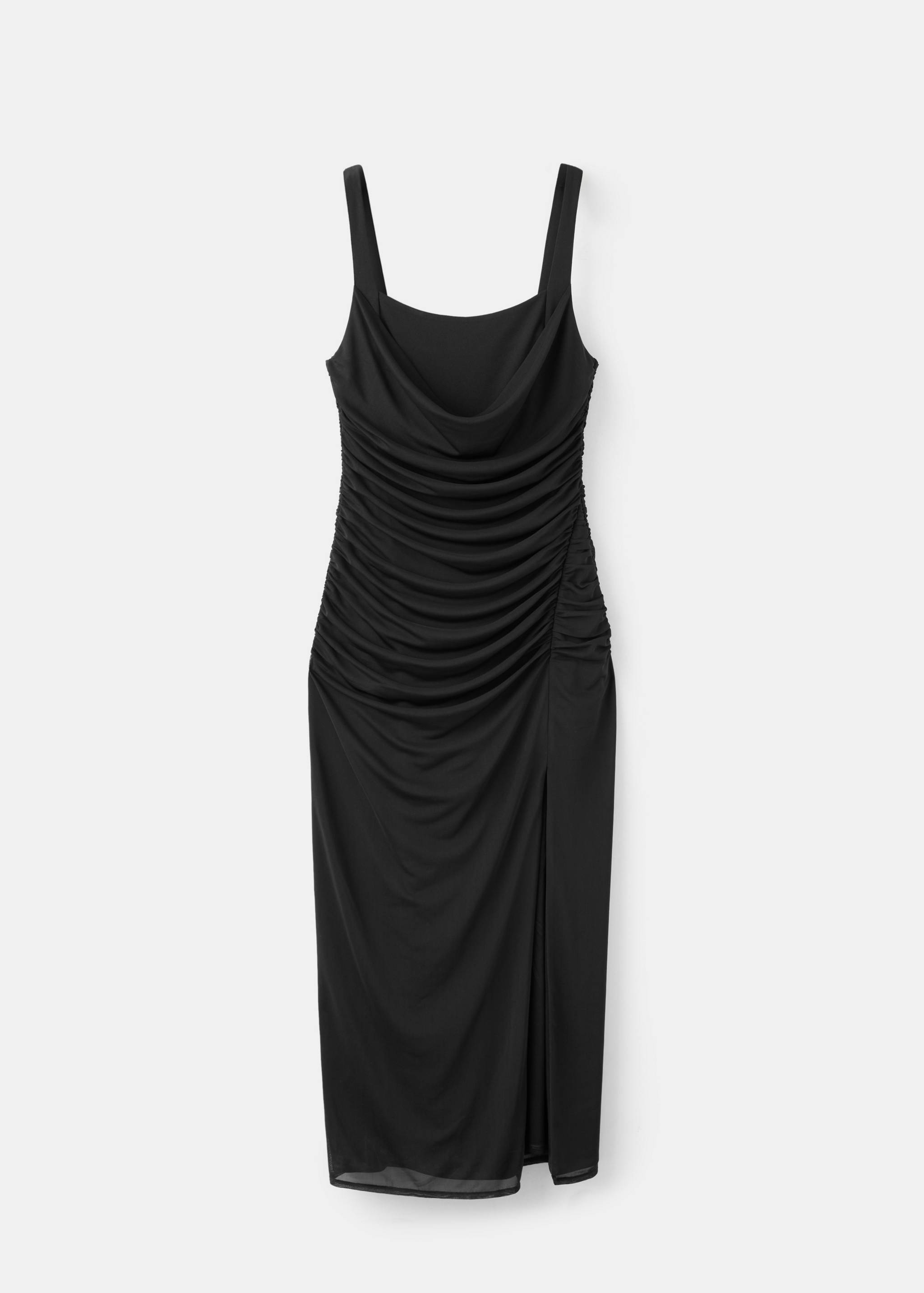 Black midi dress with a cowl neck and ruched body.