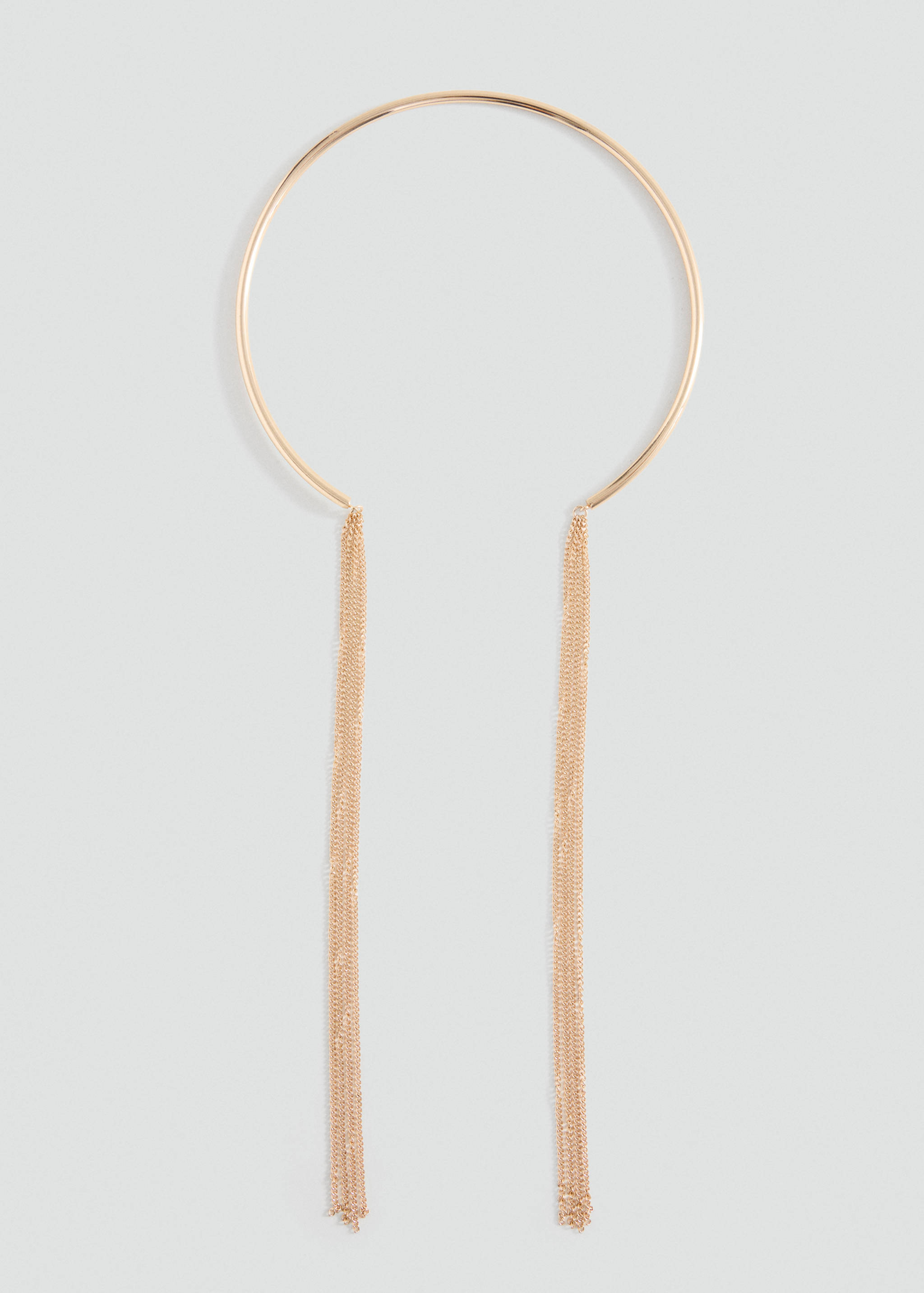 Metallic gold-coloured collar necklace with long hanging chains.