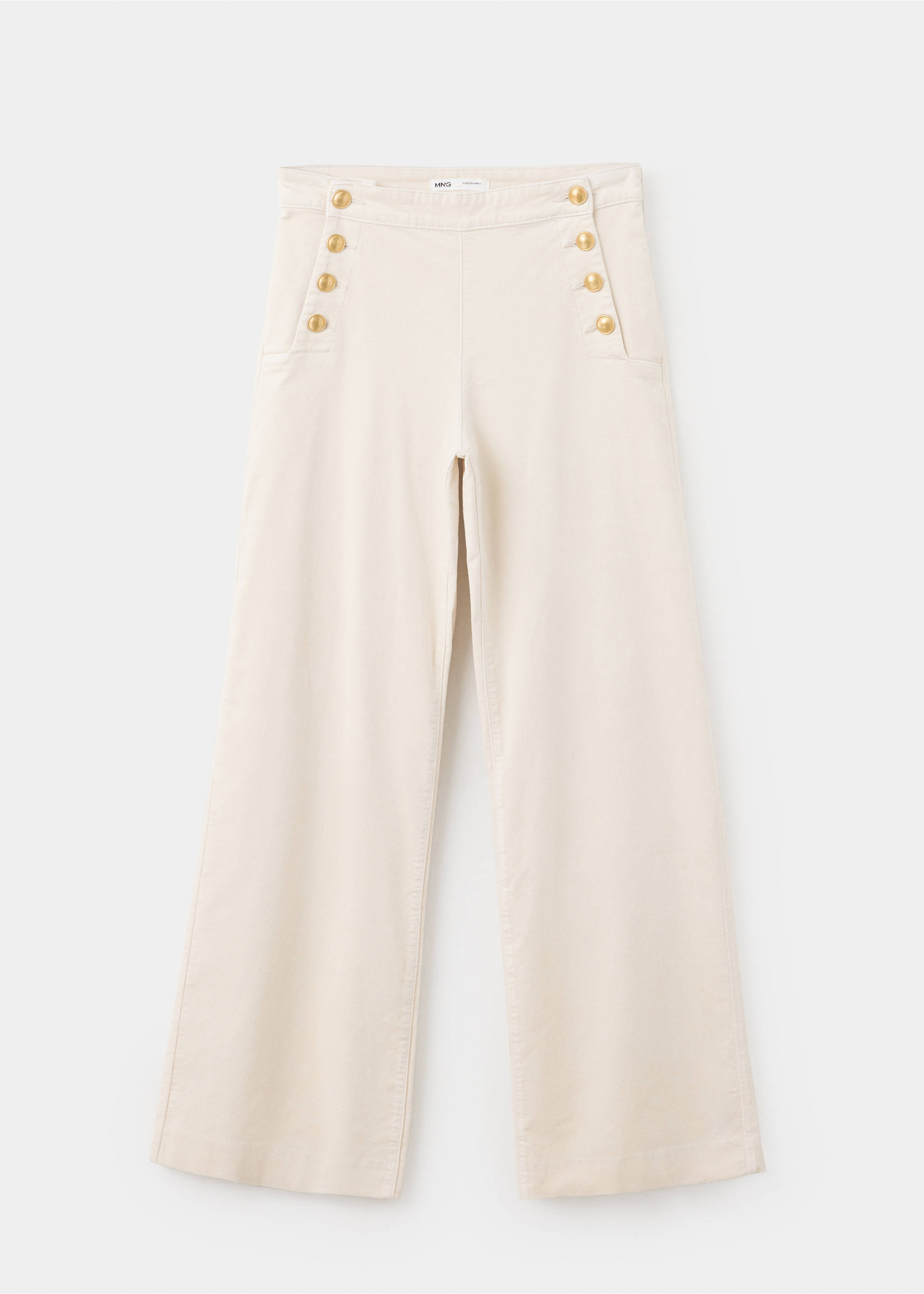 Off-white wide-leg denim trousers with high-rise waist and gold-tone button details., Ecru. Ref: 37089132-00.