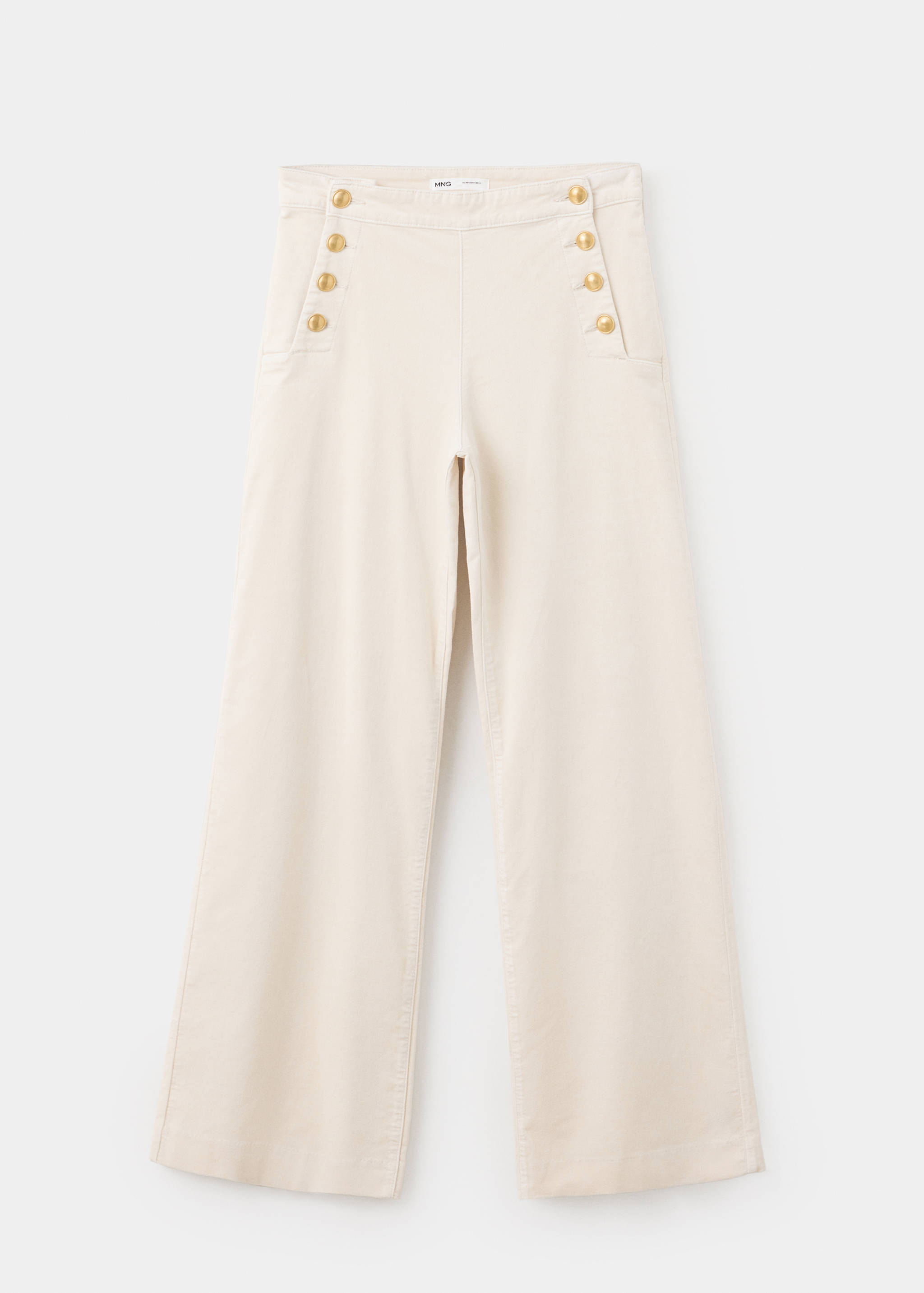 Off-white wide-leg denim trousers with high-rise waist and gold-tone button details.