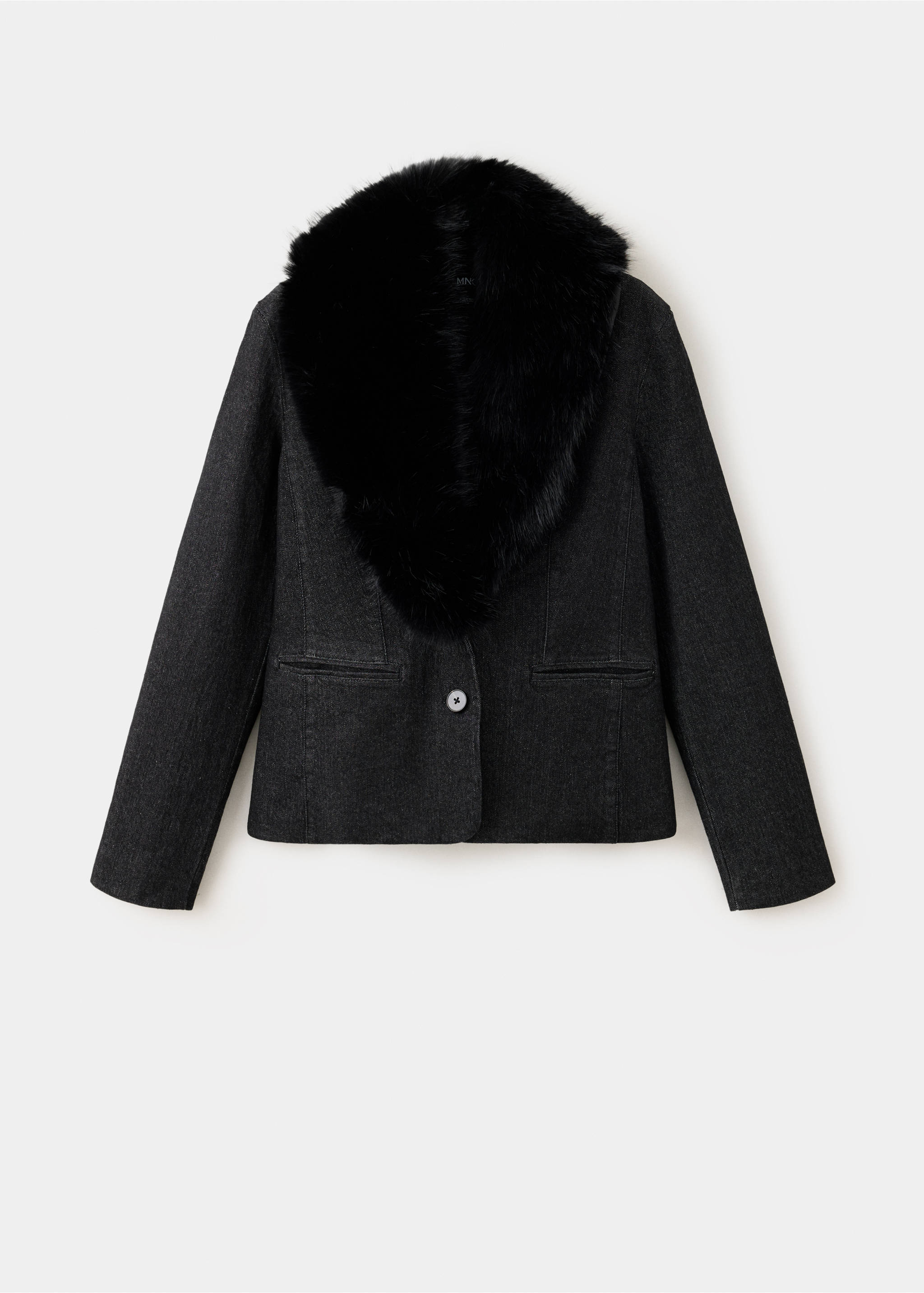 Dark grey blazer with a detachable black faux-fur collar and a single button., Open Blue. Ref: 37089134-00.