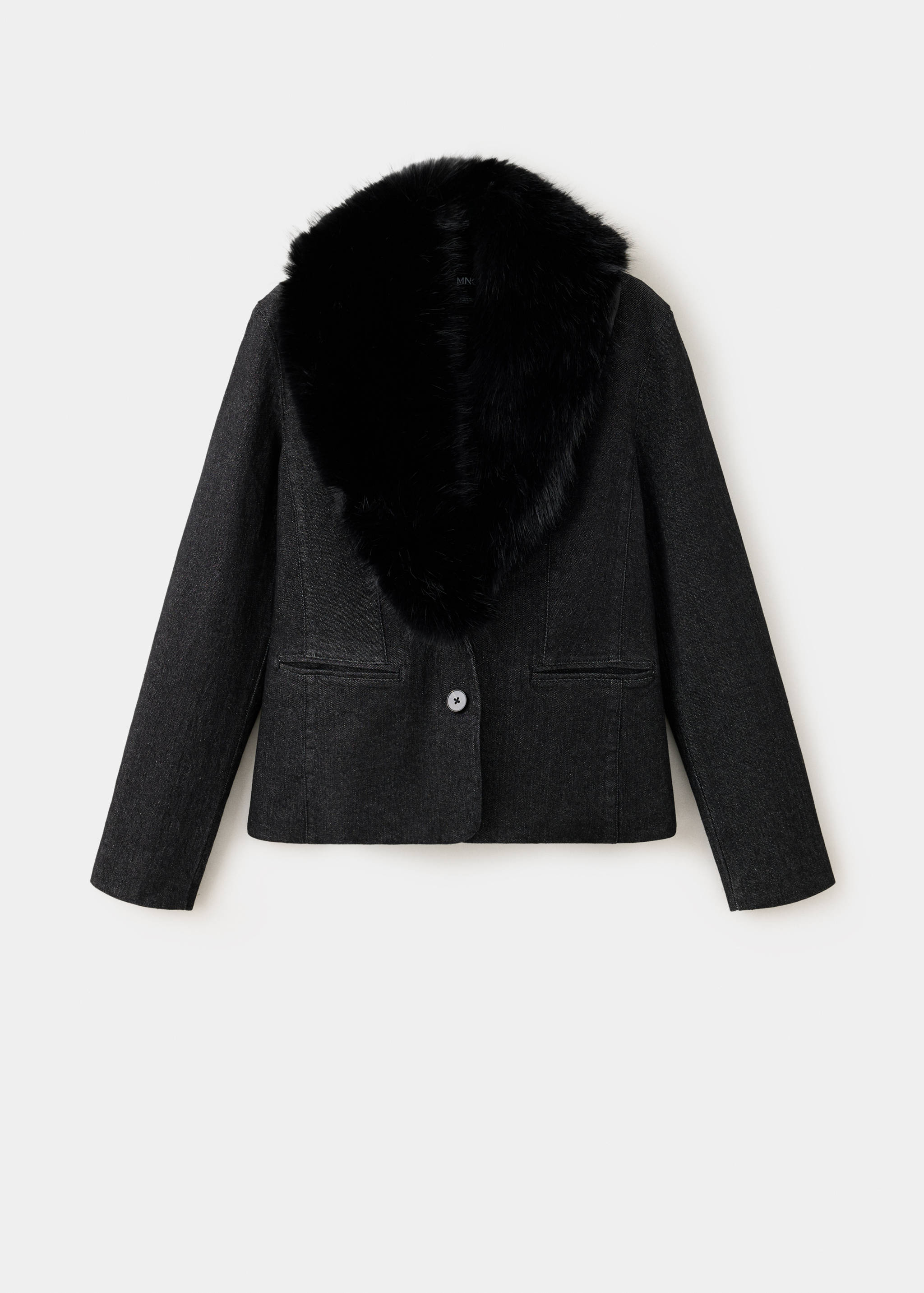 Dark grey blazer with a detachable black faux-fur collar and a single button.