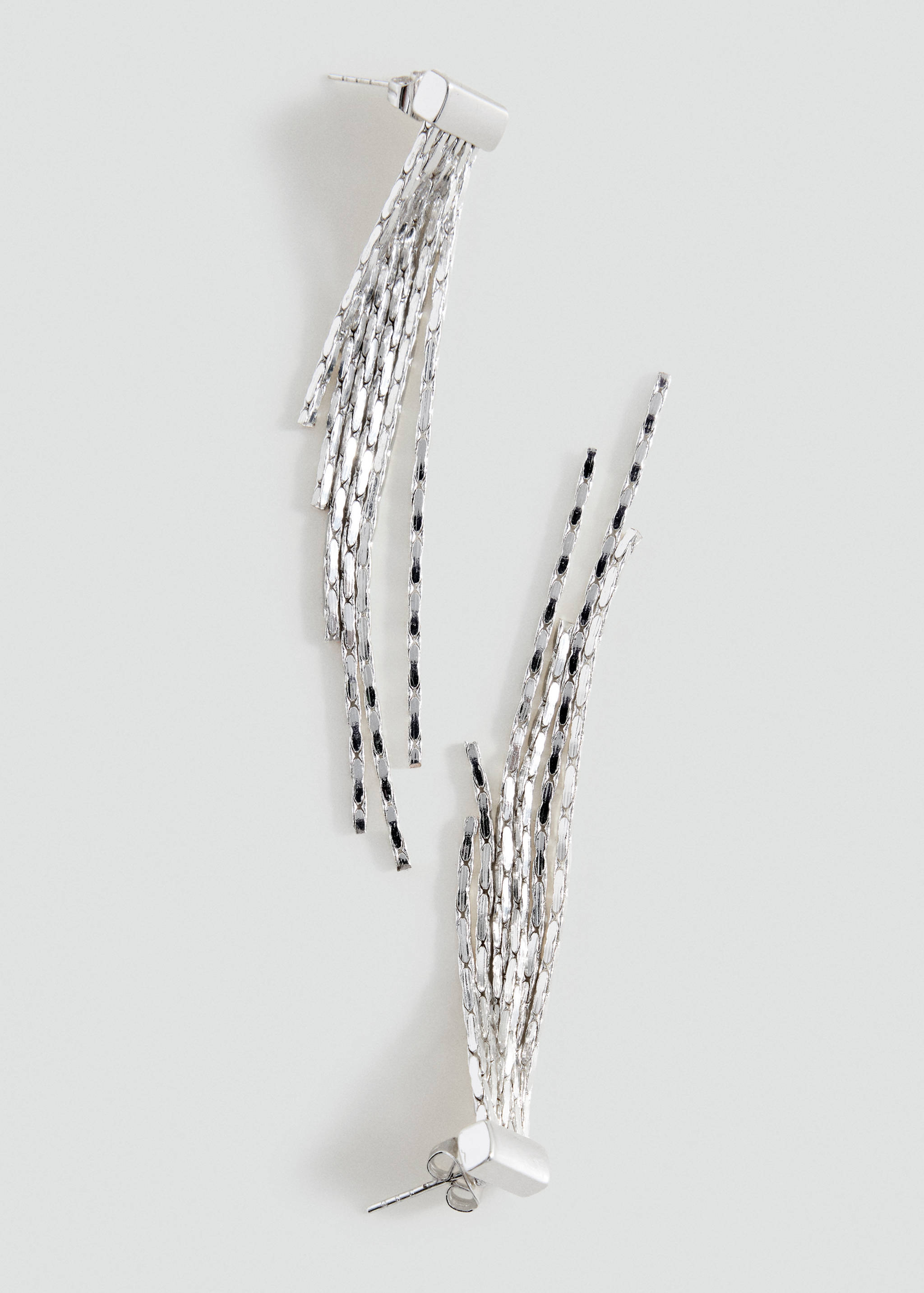 Silver-toned fringe earrings with cascading metallic strands.
