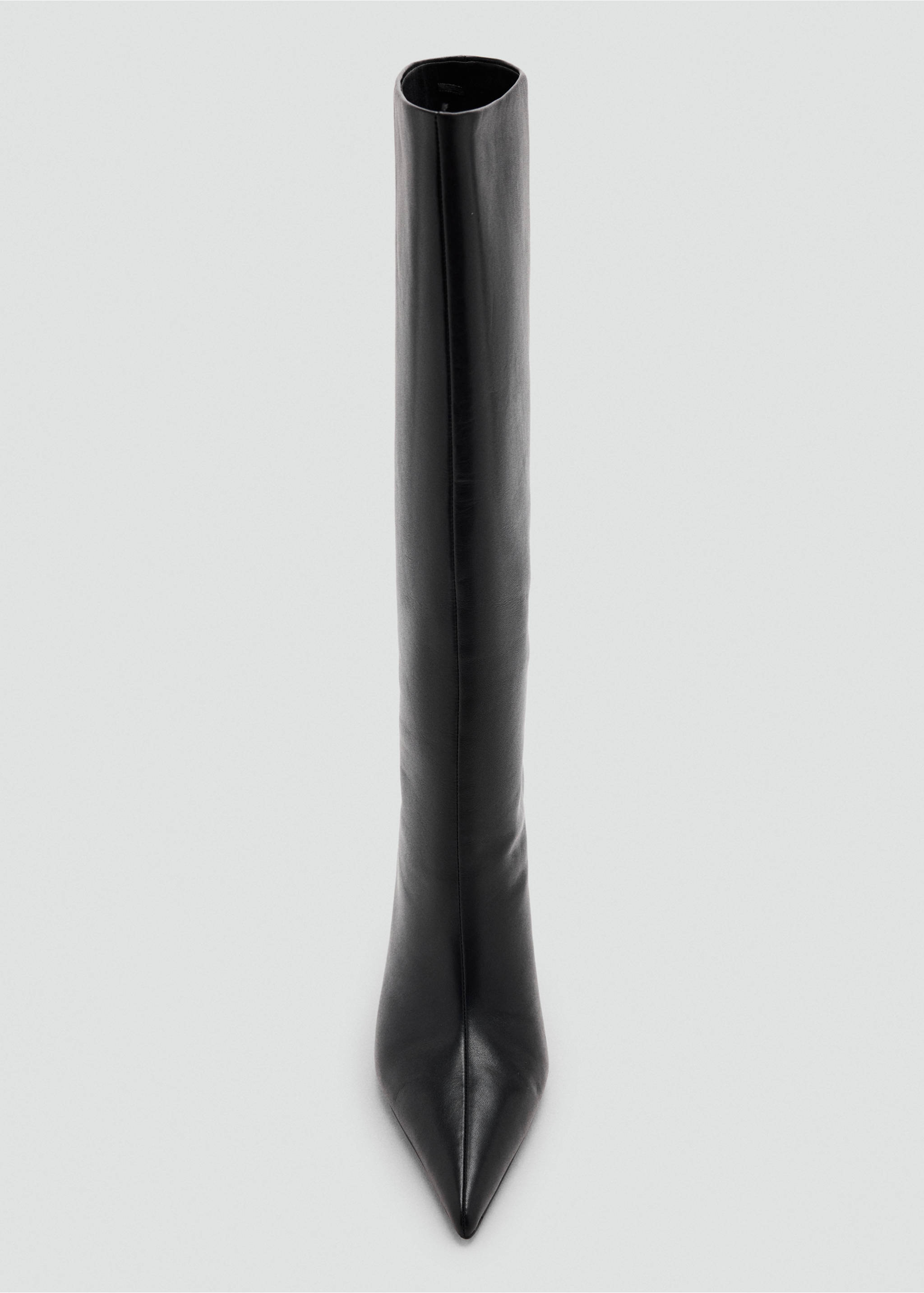 Close-up of a black leather boot featuring a pointed toe and a tall shaft., Black. Ref: 37089138-00.
