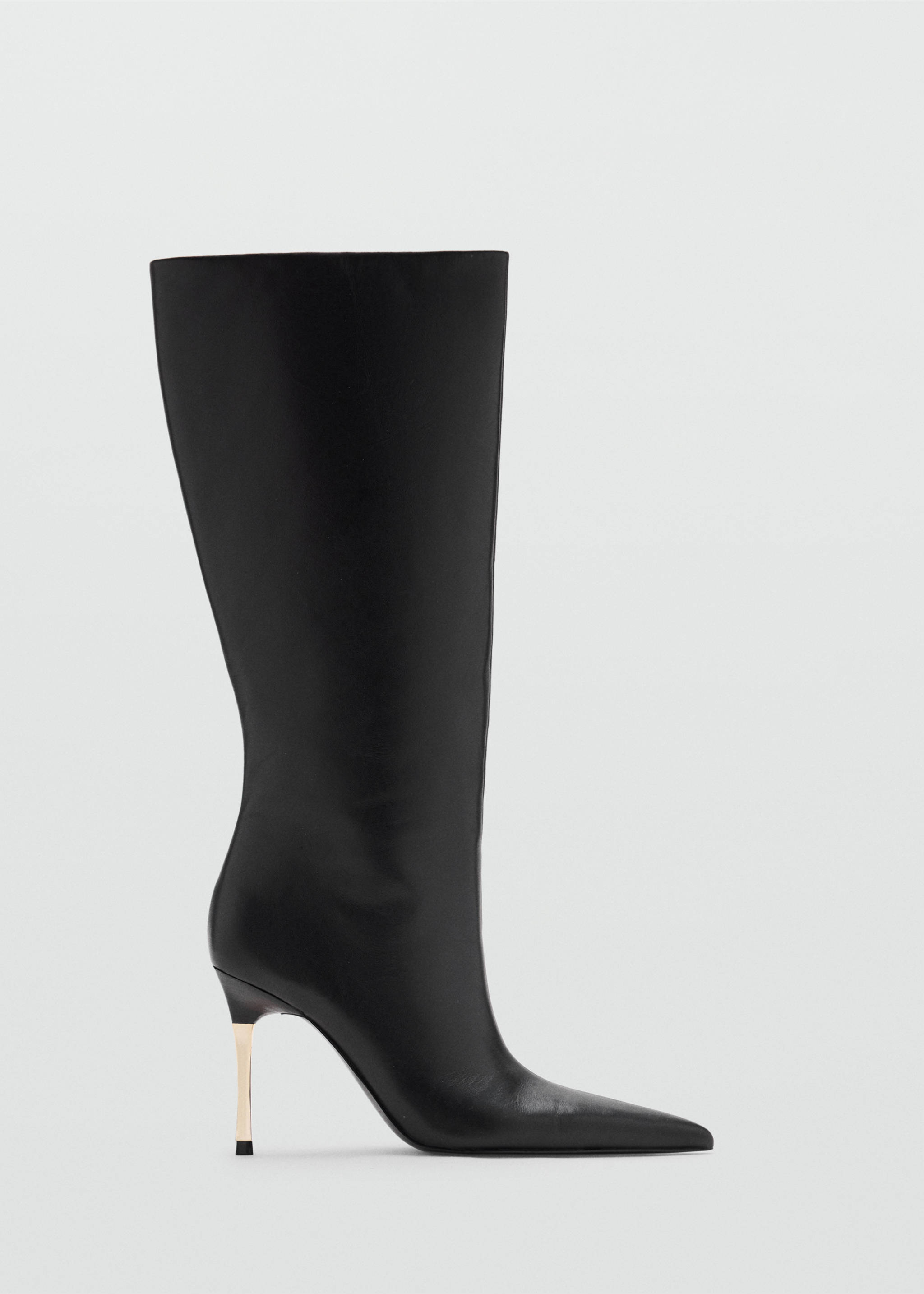 Black leather knee-high boot with a pointed toe and gold stiletto heel., Black. Ref: 37089138-00.