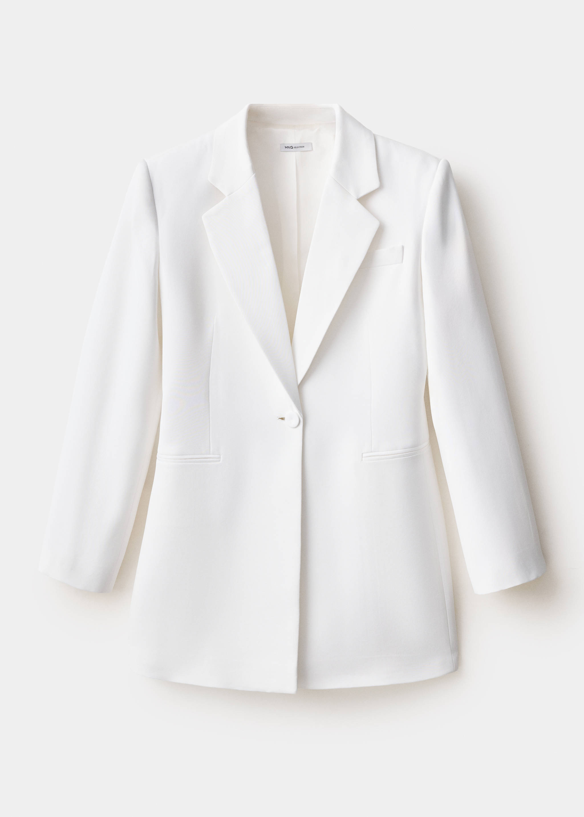 White lapel-collar blazer dress with a single-button closure.