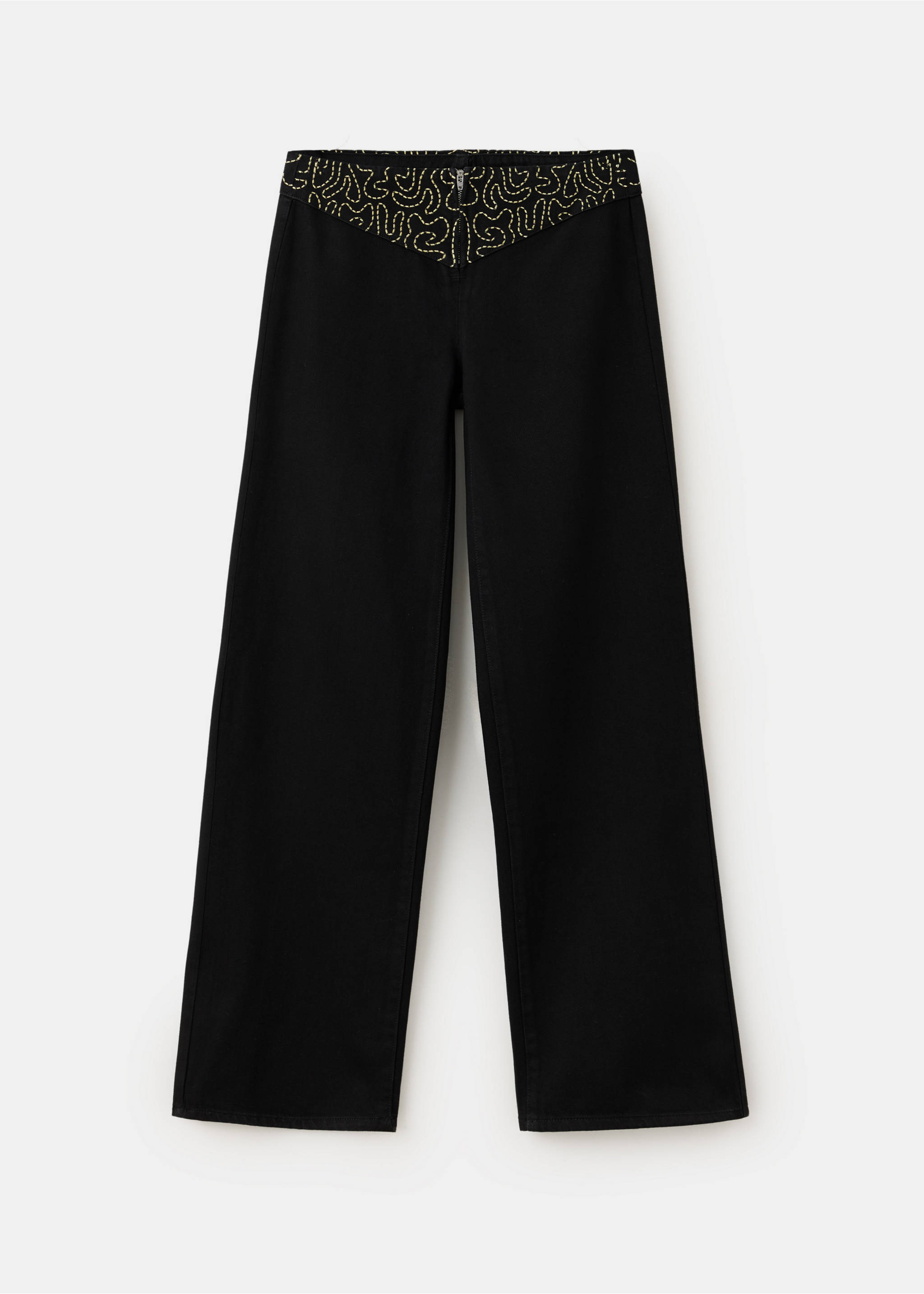 Pantalones vaqueros negros de pernera recta con cintura bordada en forma de V., Negro. Ref: 37089210-00.