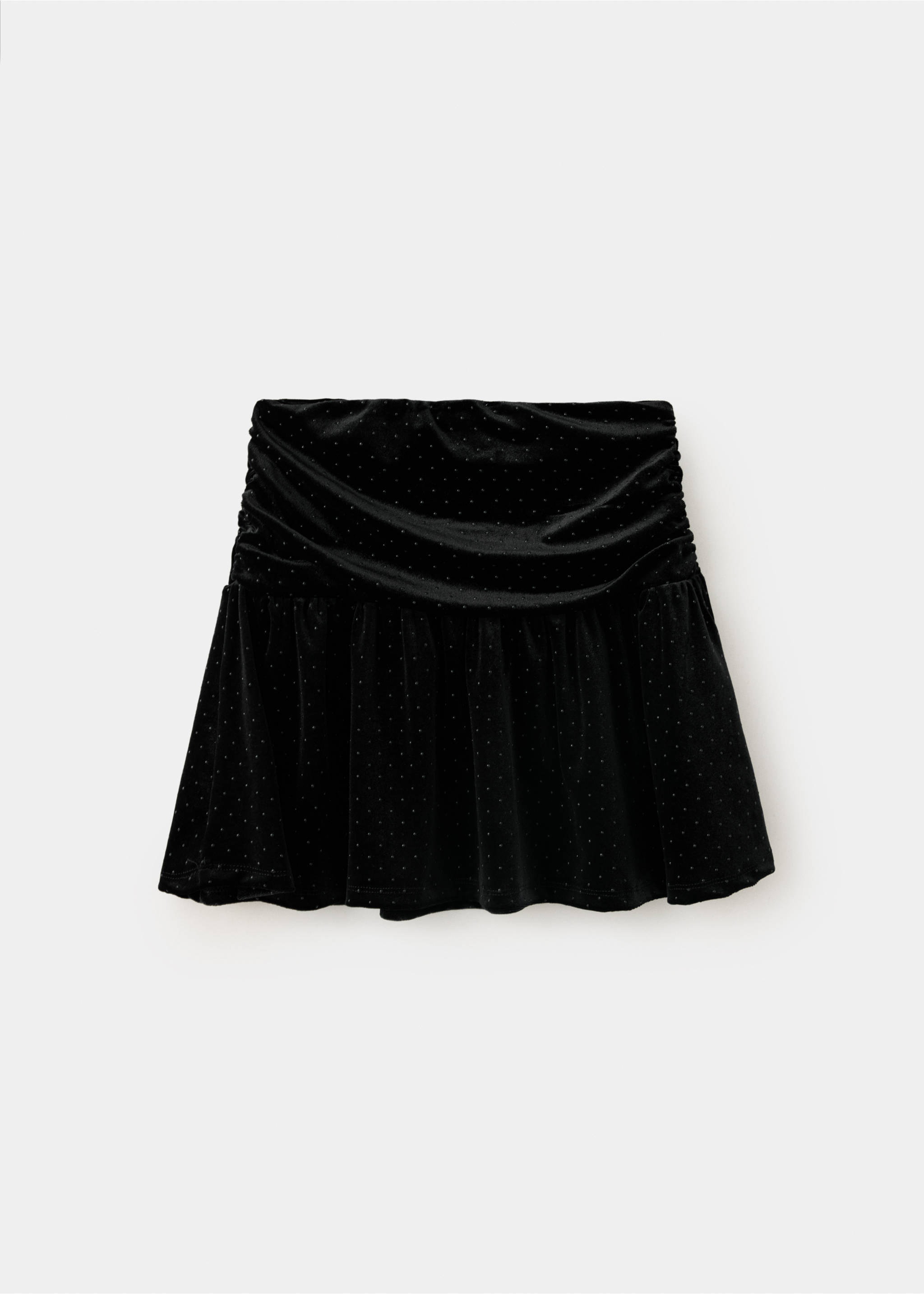 Black skirt with a ruched waistband and ruffled hem, back view., Black. Ref: 37089211-00.
