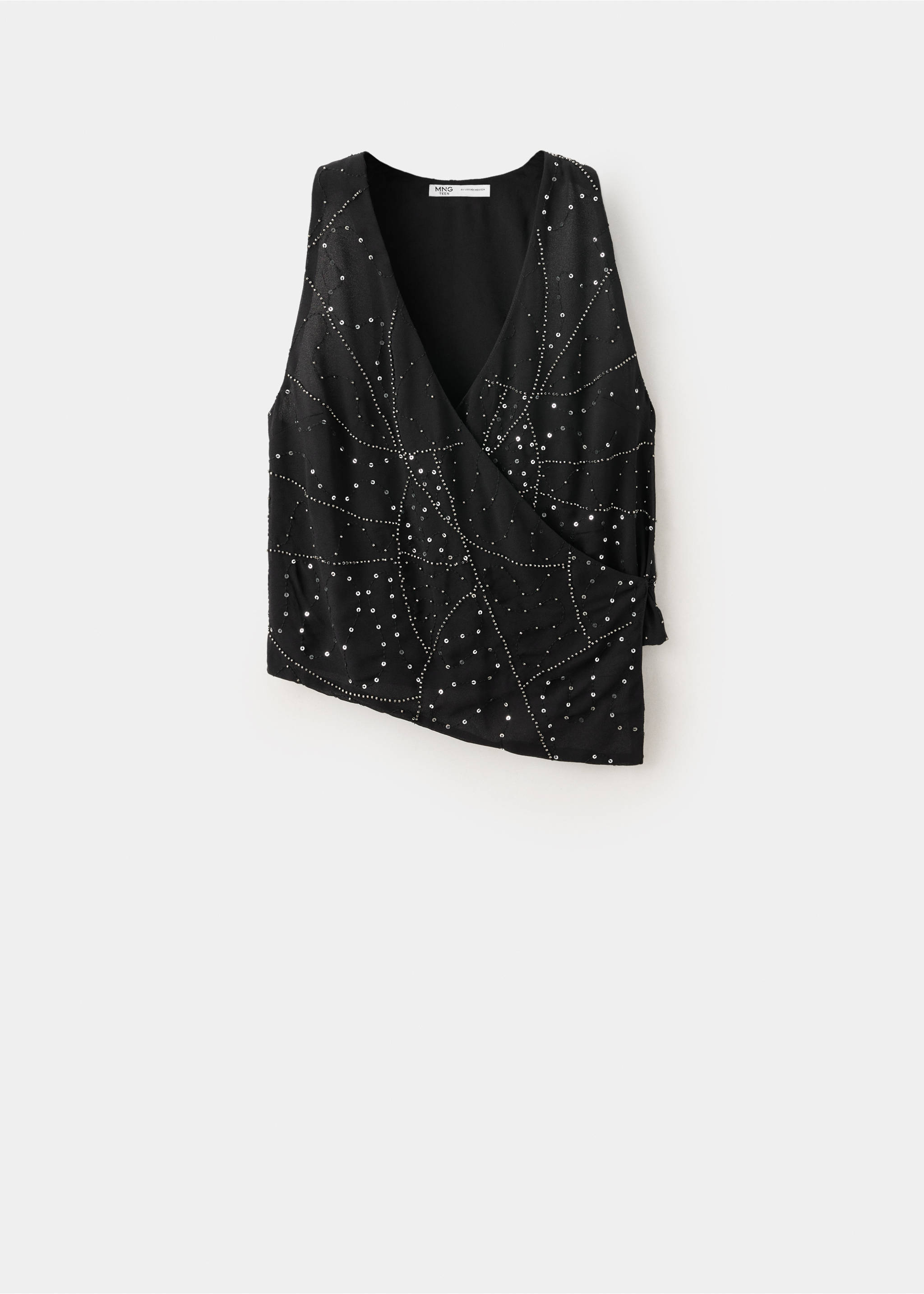 Black sleeveless wrap top with asymmetric hem and silver sequin embellishment., Black. Ref: 37089212-00.