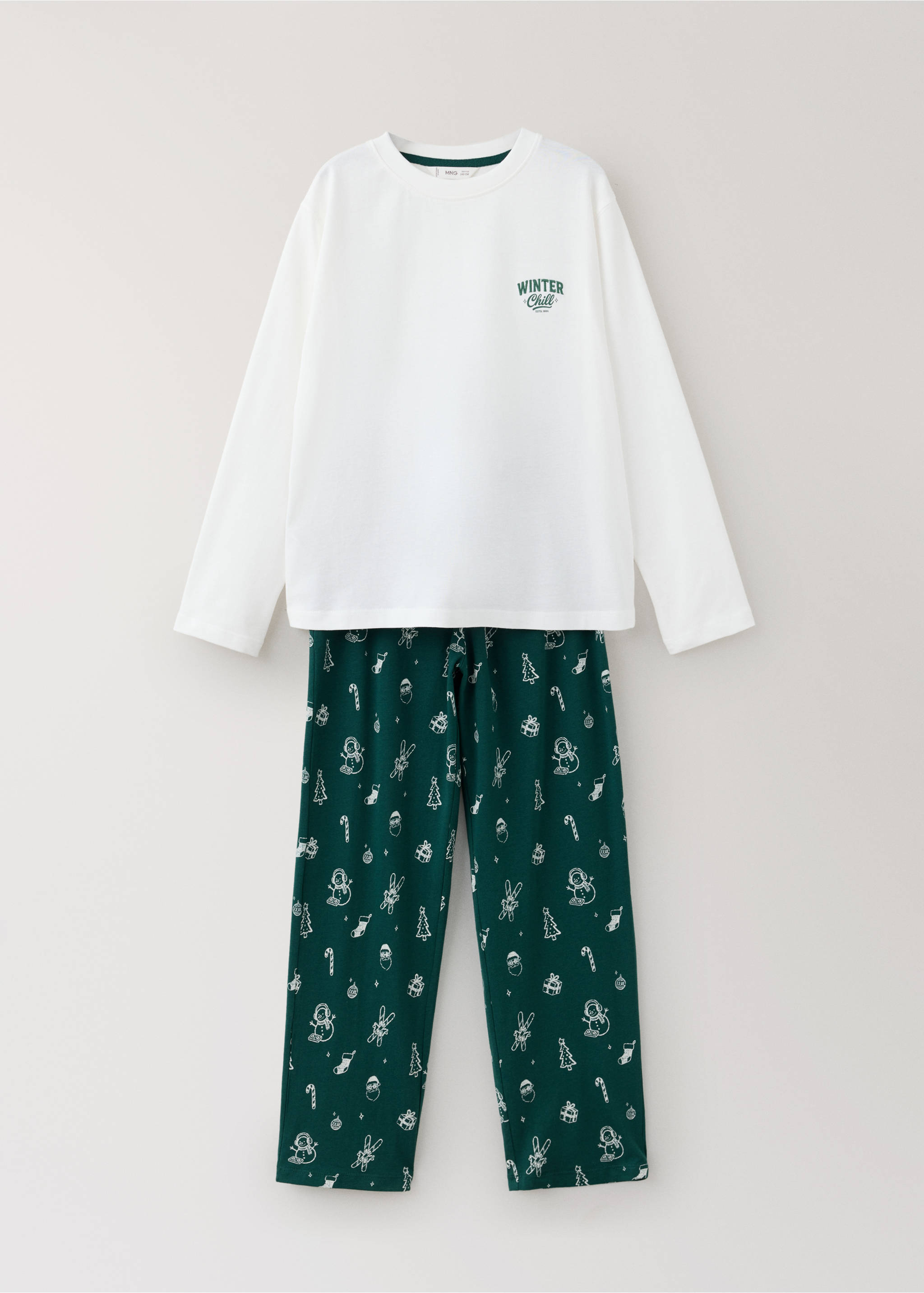 White long-sleeved pyjama top and green Christmas-print trousers., Dark Green. Ref: 37089213-00.