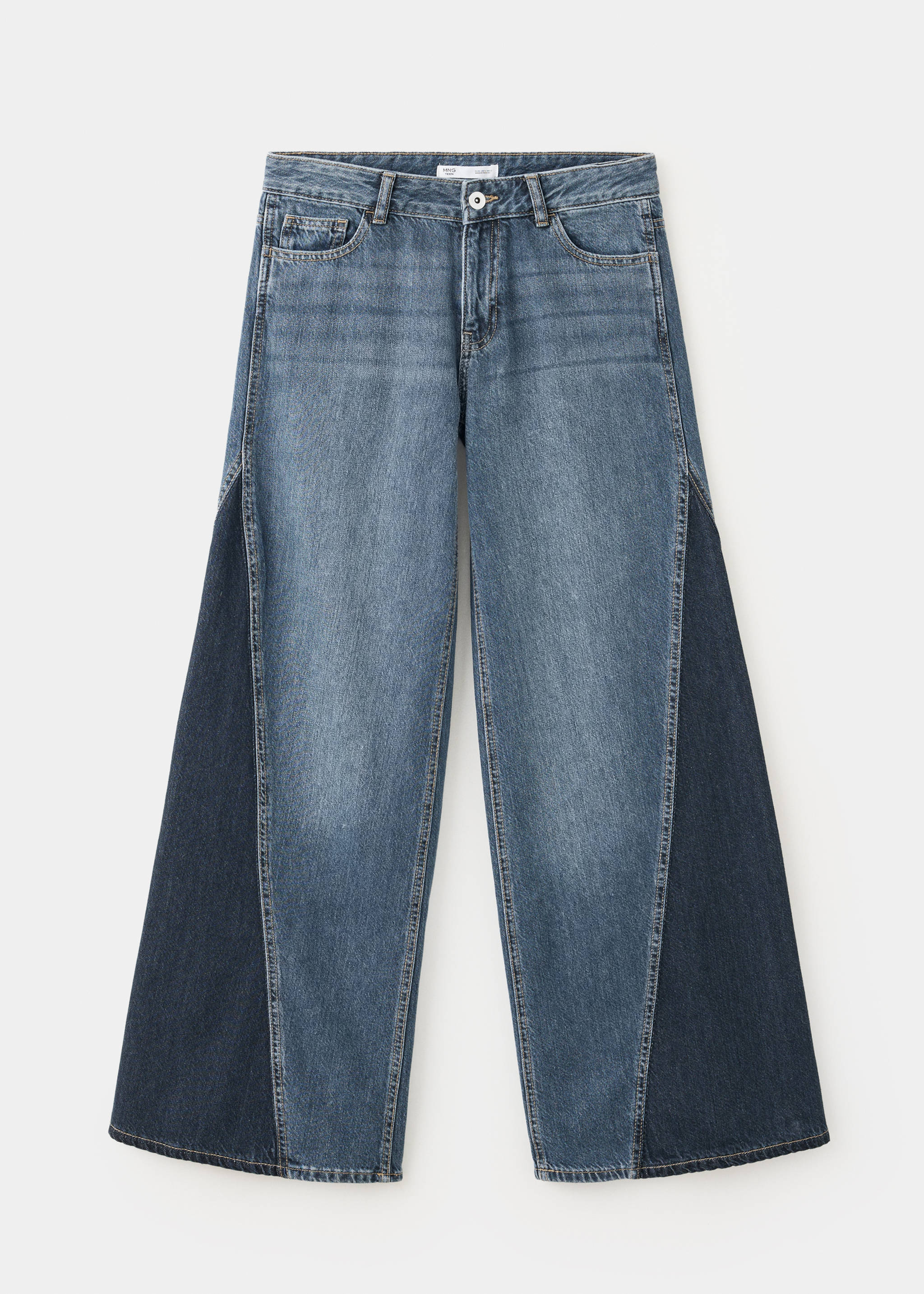 Blue denim trousers with contrasting dark side panels and wide legs.