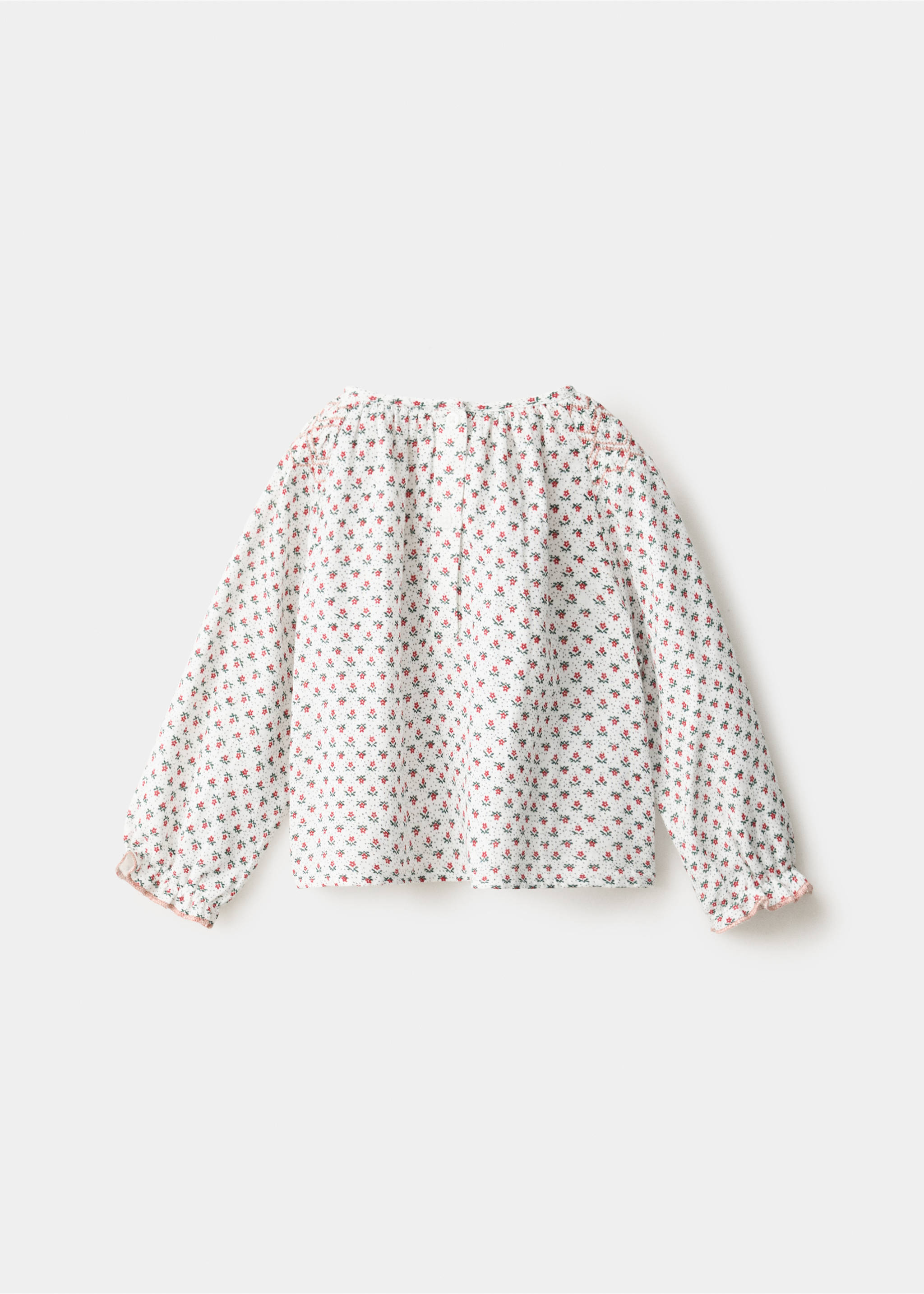 Back of a floral print kids' blouse with smocked shoulders and ruffled cuffs., Off White. Ref: 37089215-00.