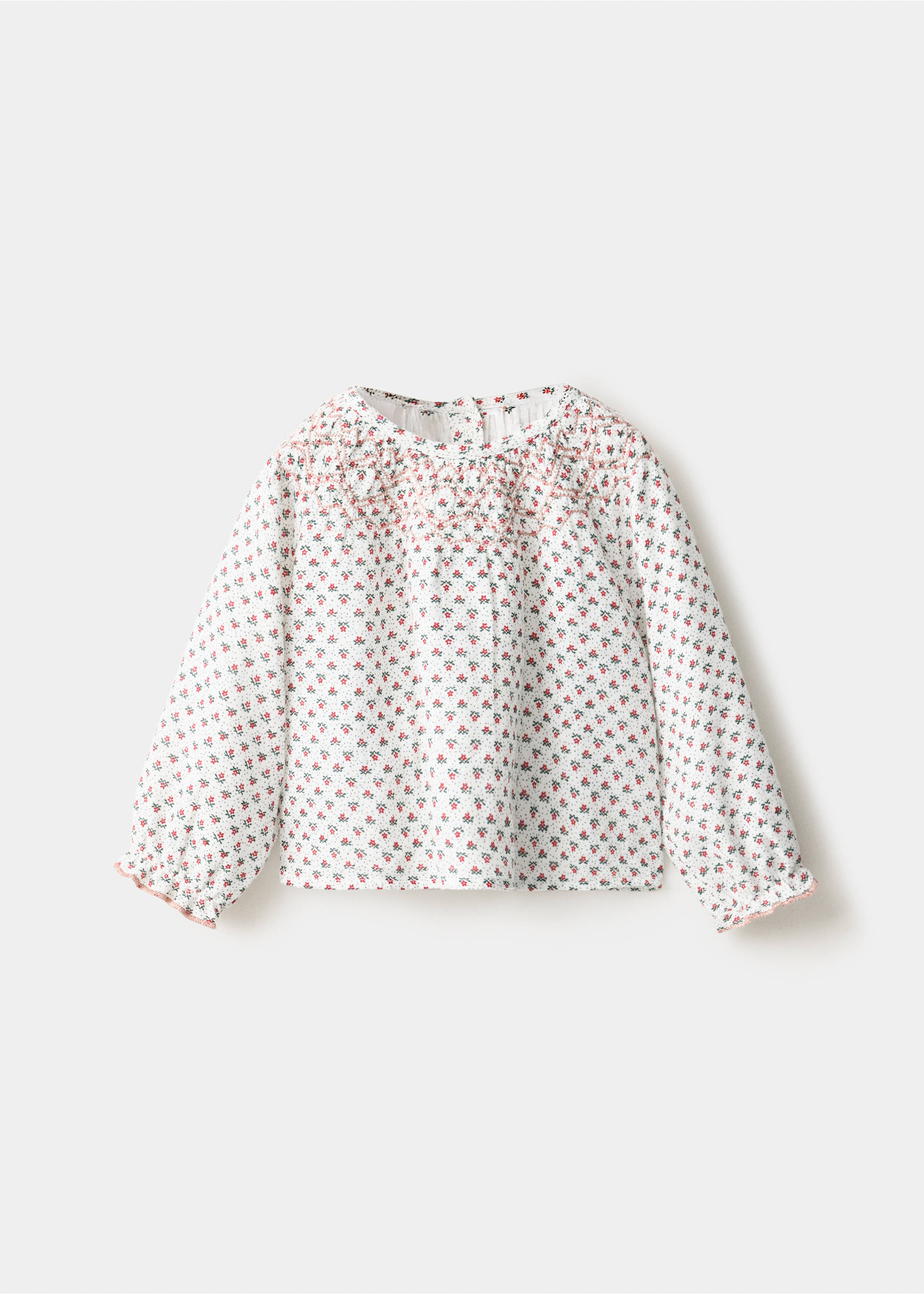 White kids' floral long-sleeve blouse with pink smocked embroidery., Off White. Ref: 37089215-00.