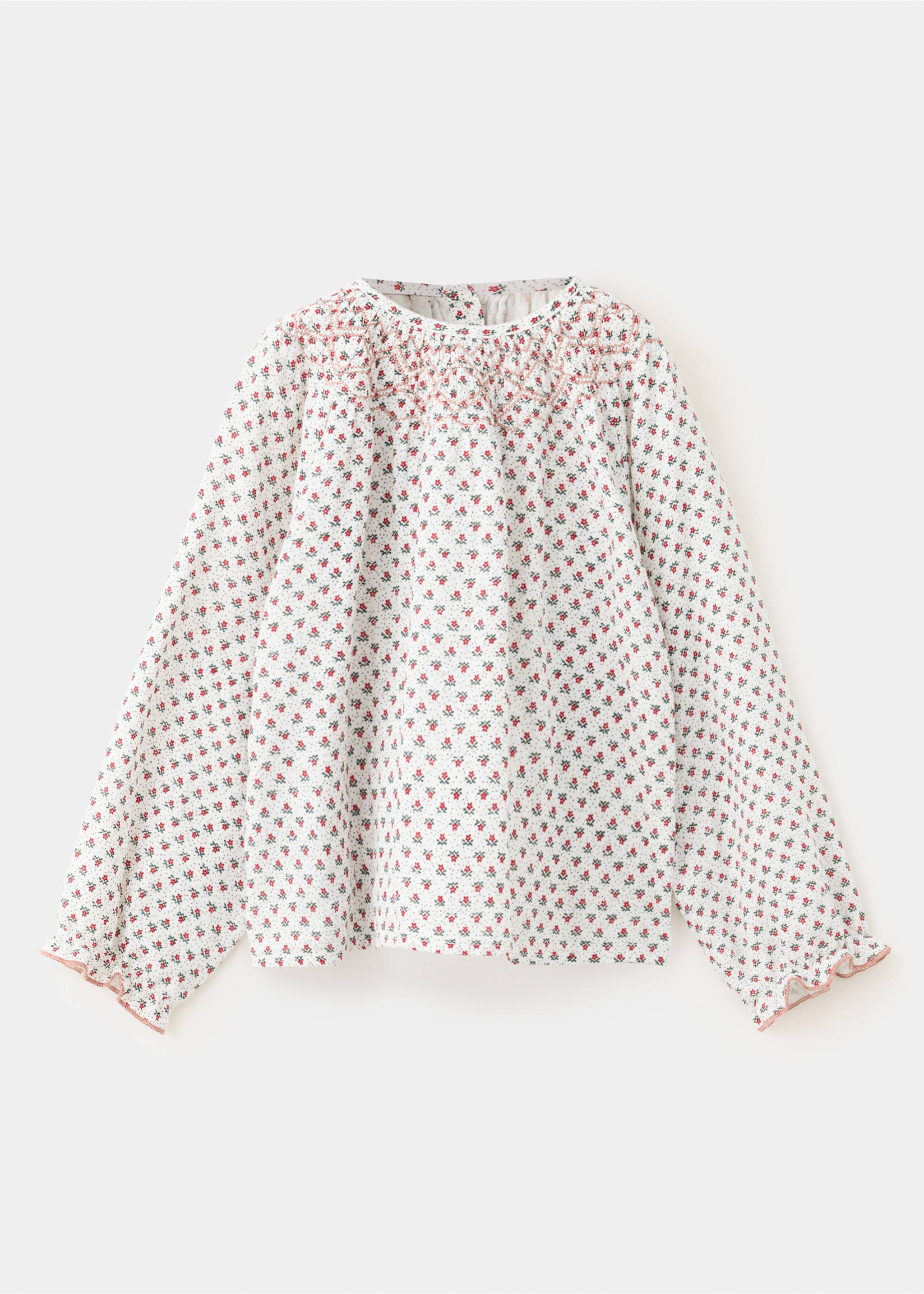 White ditsy floral print children's blouse with pink smocked embroidery., Off White. Ref: 37089217-00.