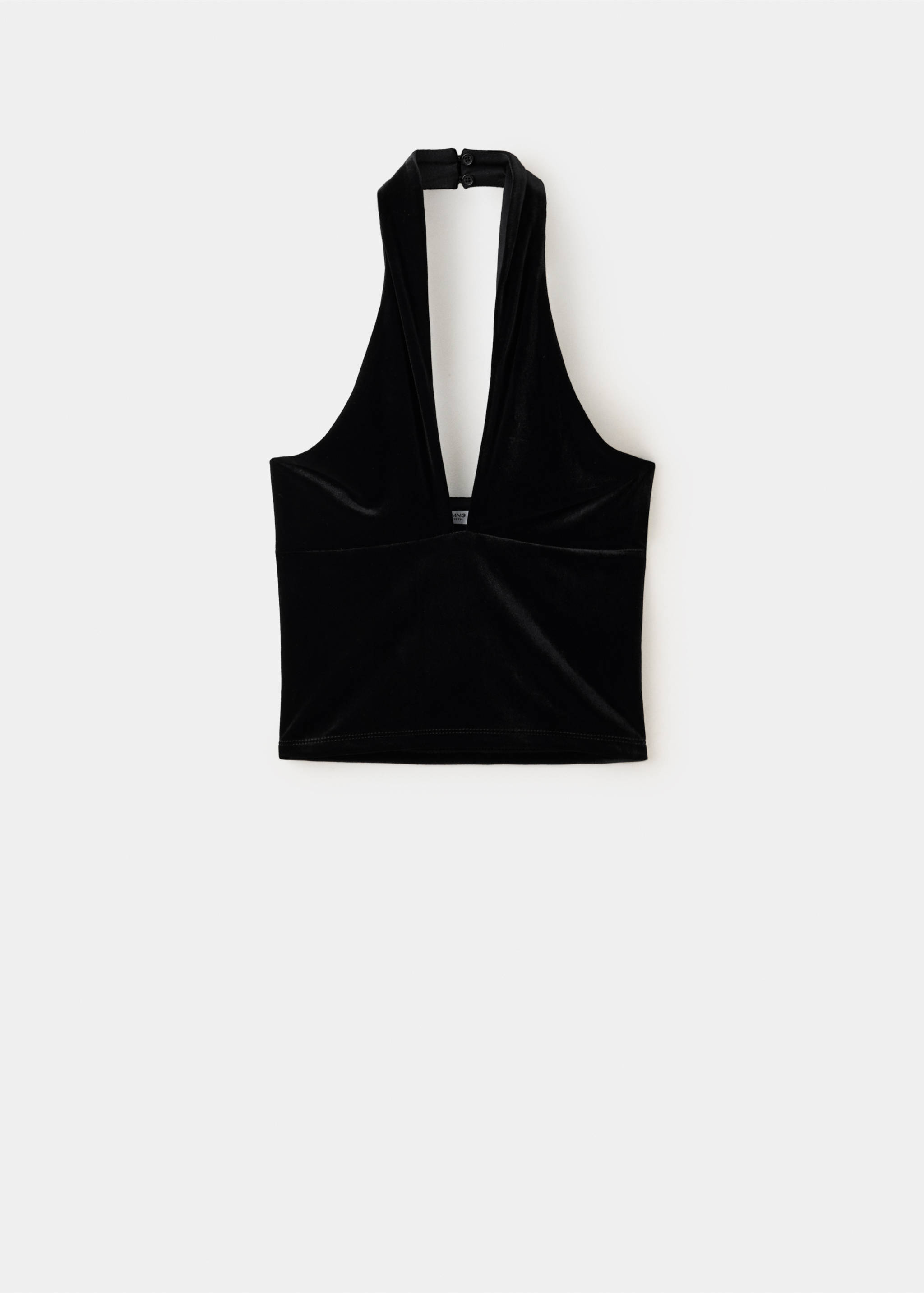 Black velvet halter neck top with a plunging V-neckline and cropped fit., Black. Ref: 37089220-00.