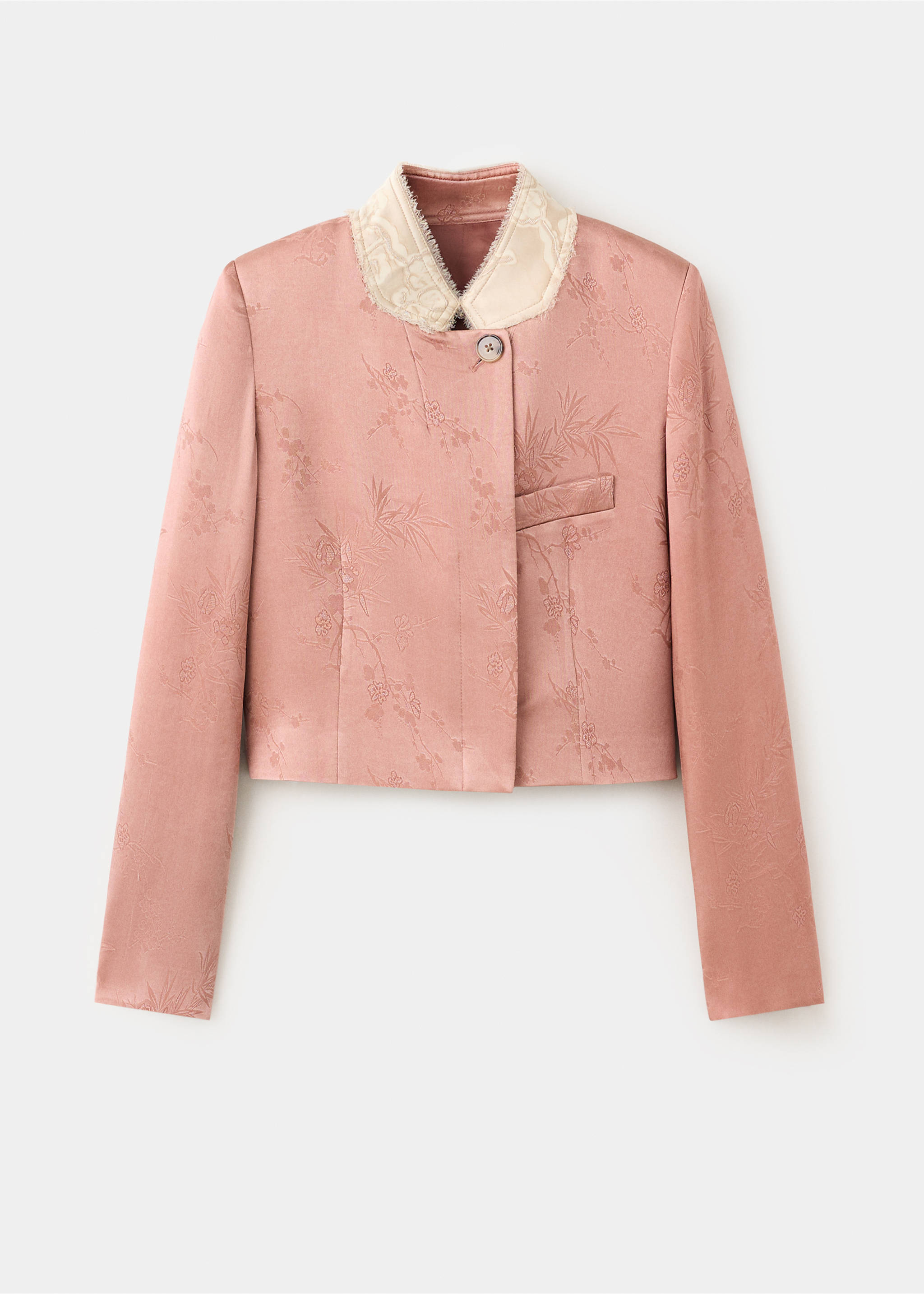 Pink cropped jacquard blazer with a contrast cream collar., Pink. Ref: 37089223-00.
