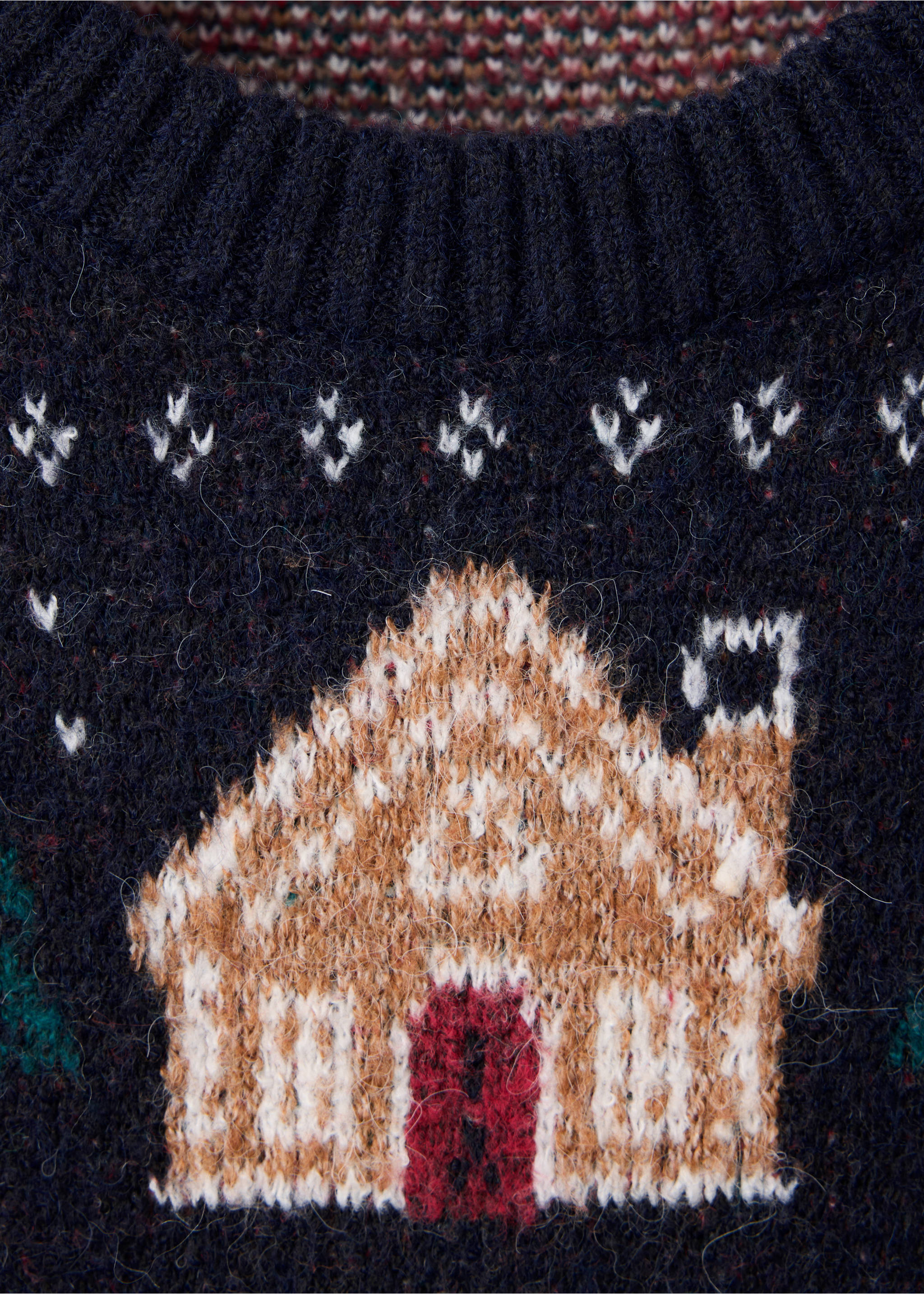 Close-up of a navy blue knitted jumper with a festive house intarsia pattern and ribbed crew neck., Navy. Ref: 37089224-00.