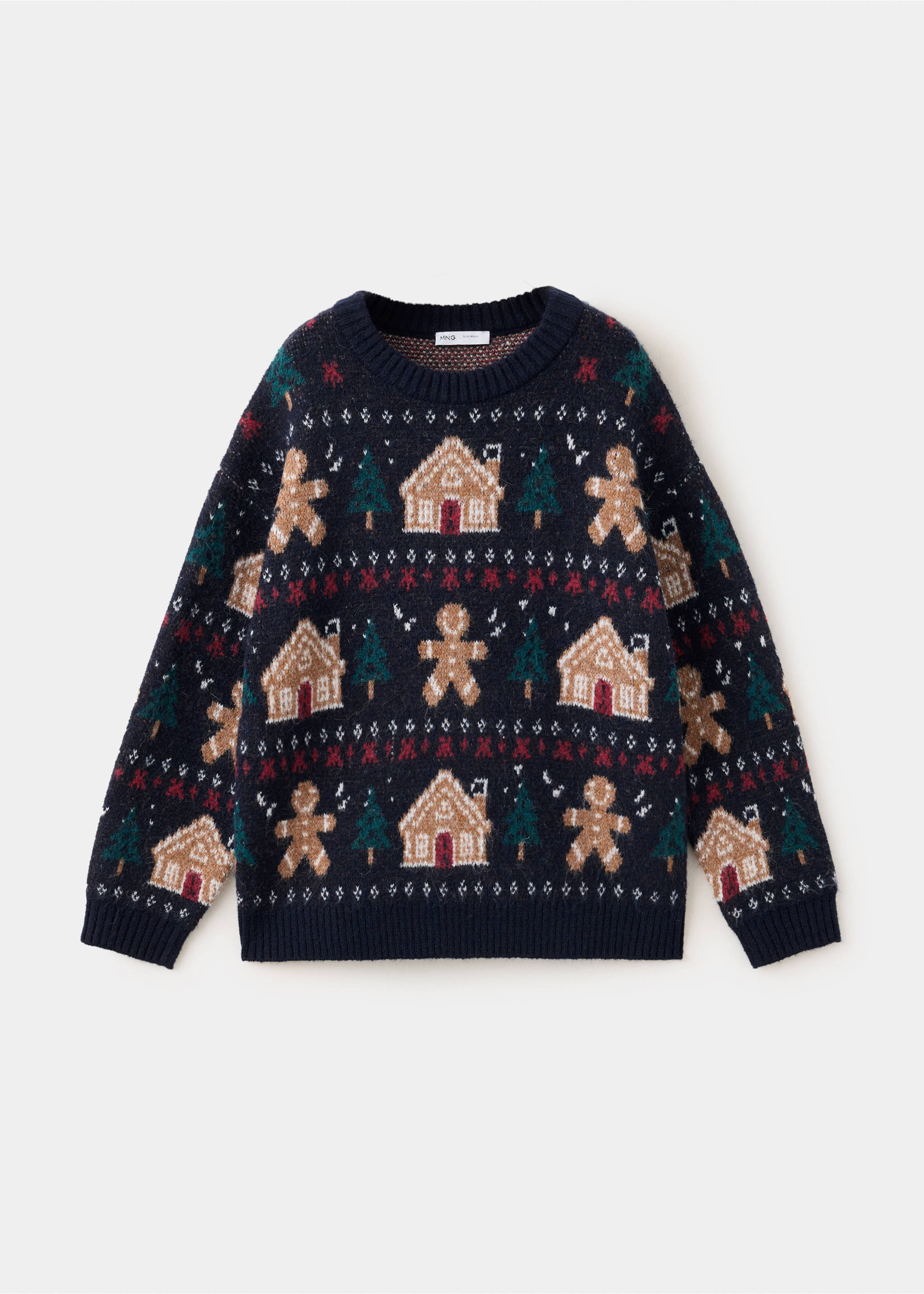 Navy blue Christmas print crewneck jumper with gingerbread and house intarsia., Navy. Ref: 37089224-00.