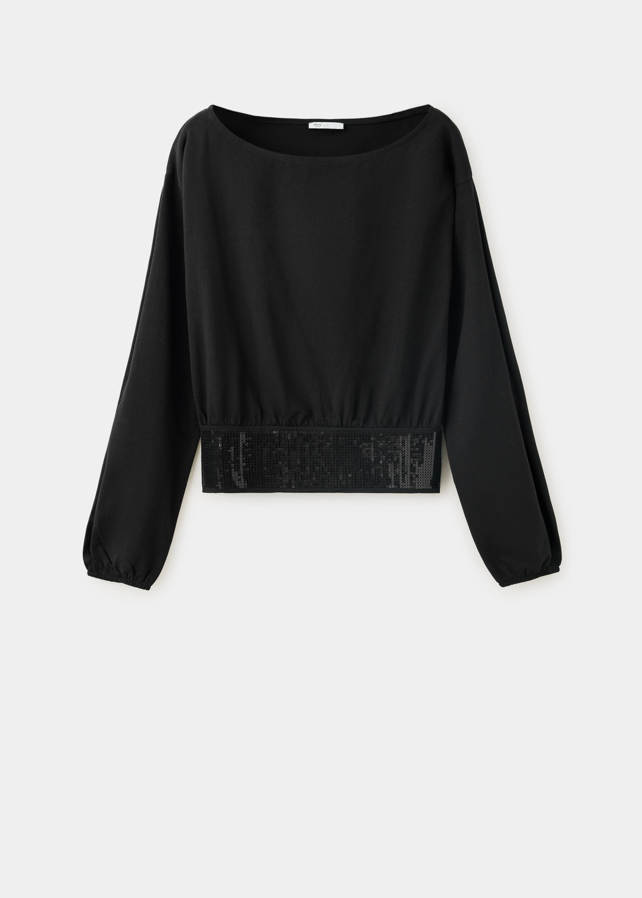 Black t-shirt with boat neck, long sleeves, and wide sequinned hem.