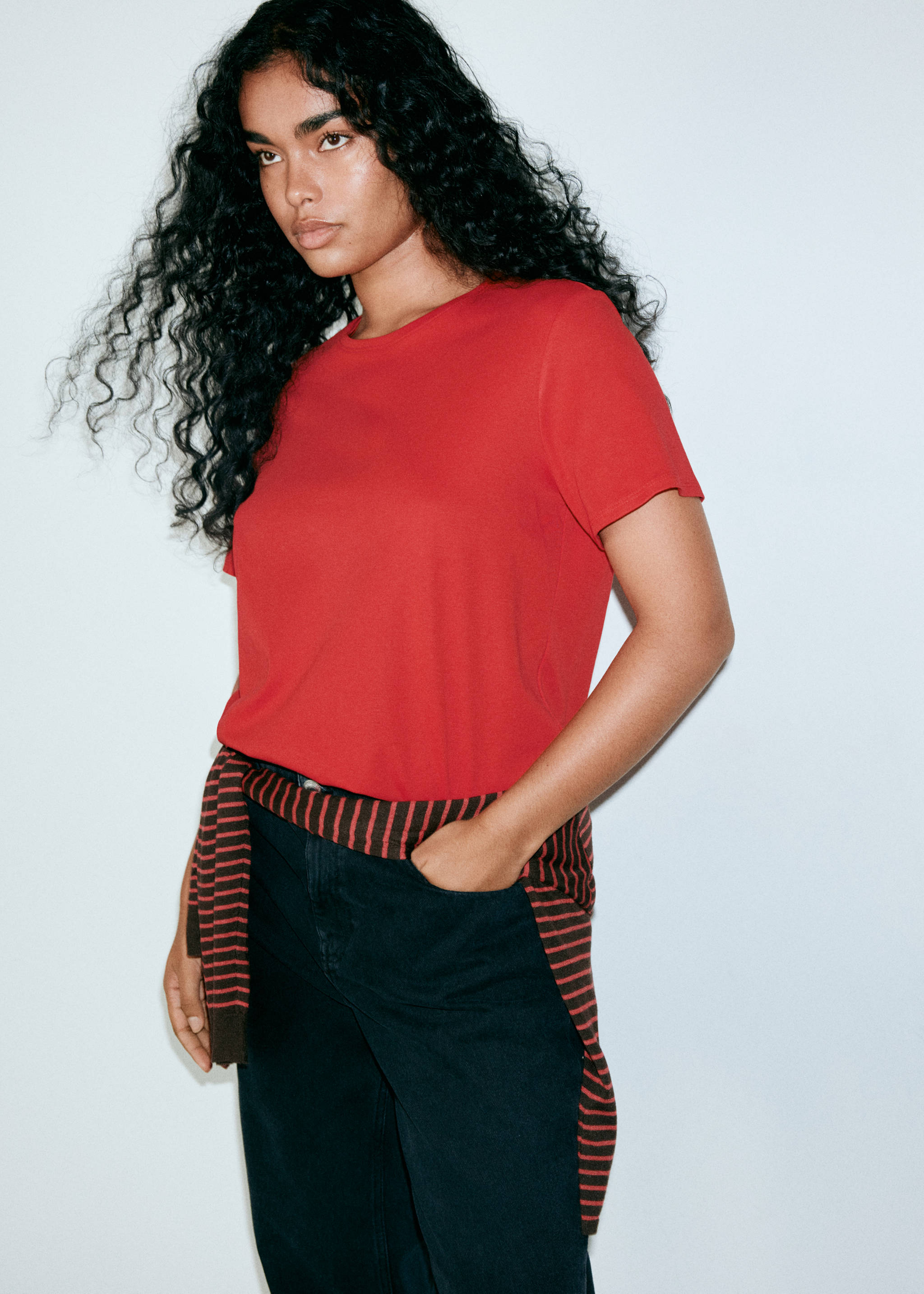 Red short-sleeved t-shirt with a round neckline.