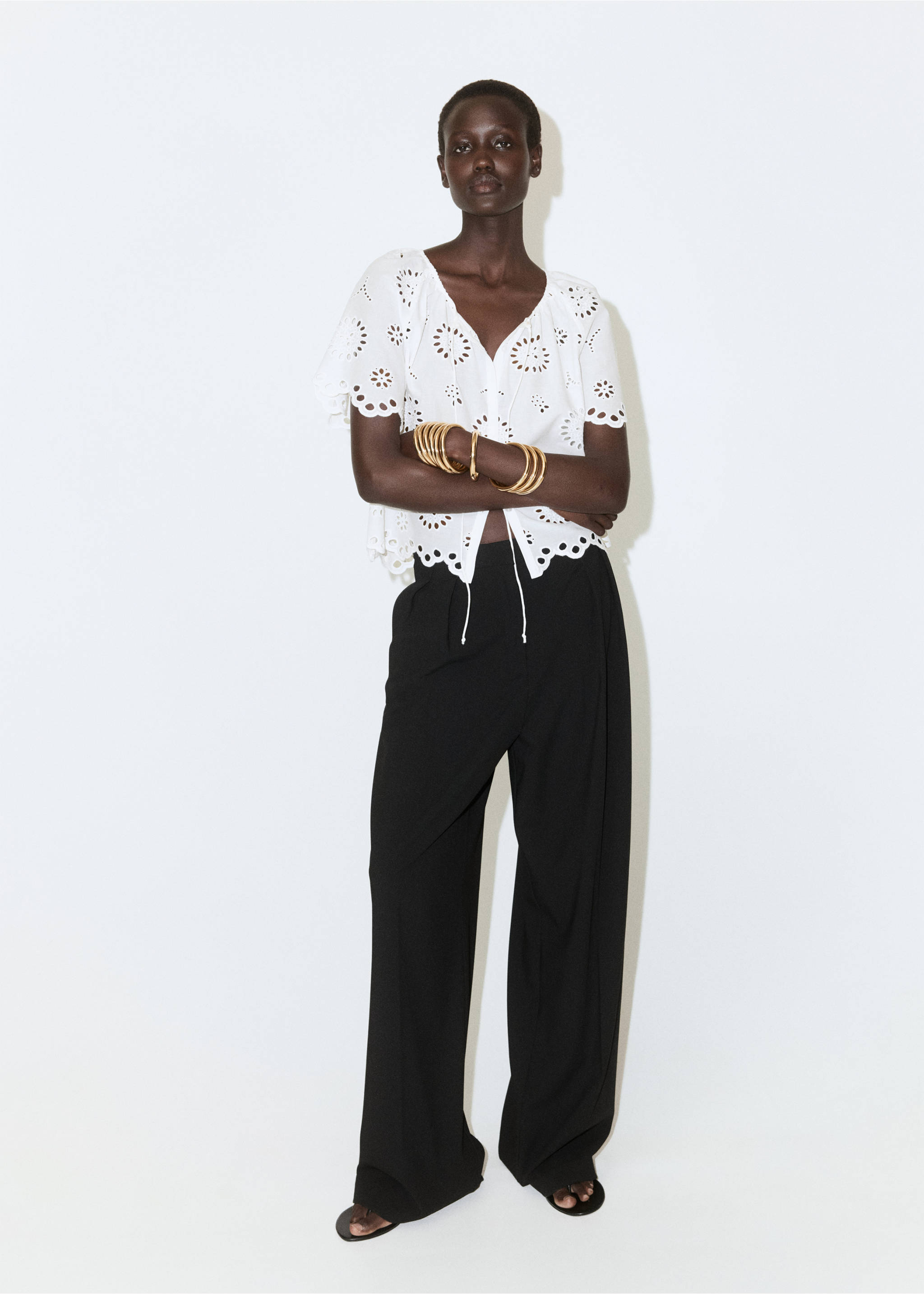 100% cotton blouse with lace embroidery - General plane, Off White. Ref: 37091340-00.