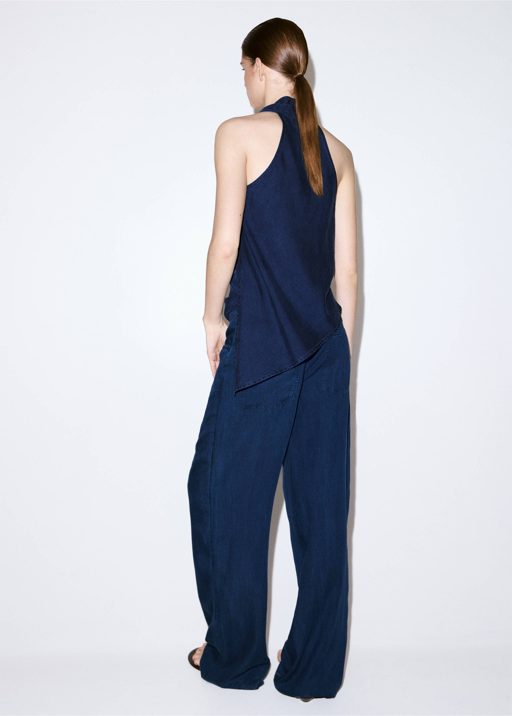Pantaloni denim cu cordon și fundă - Spatele articolului, Albastru închis. Ref: 37091347-00.