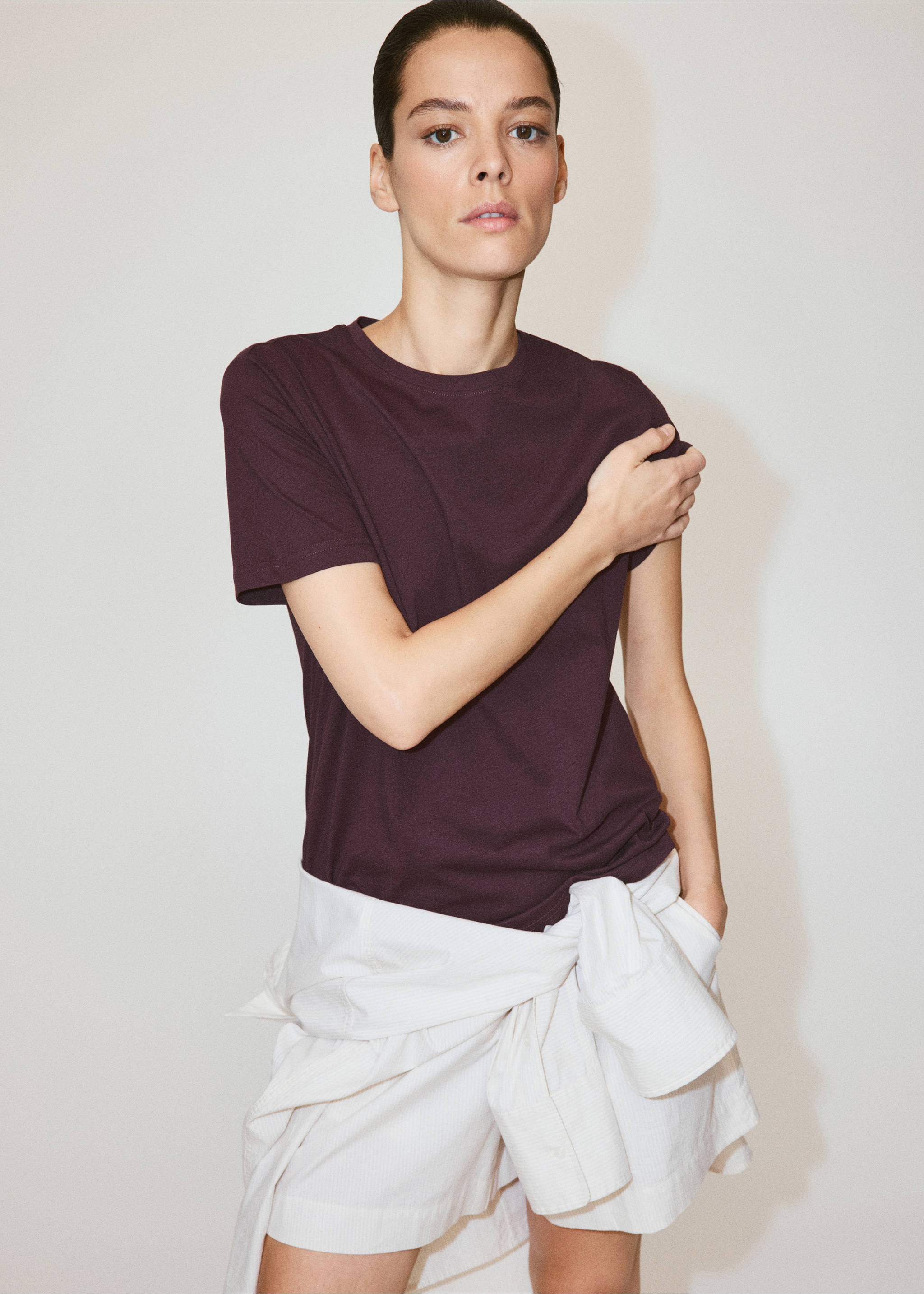 Rounded neck cotton t-shirt - Medium plane, Burgundy. Ref: 37091350-00.